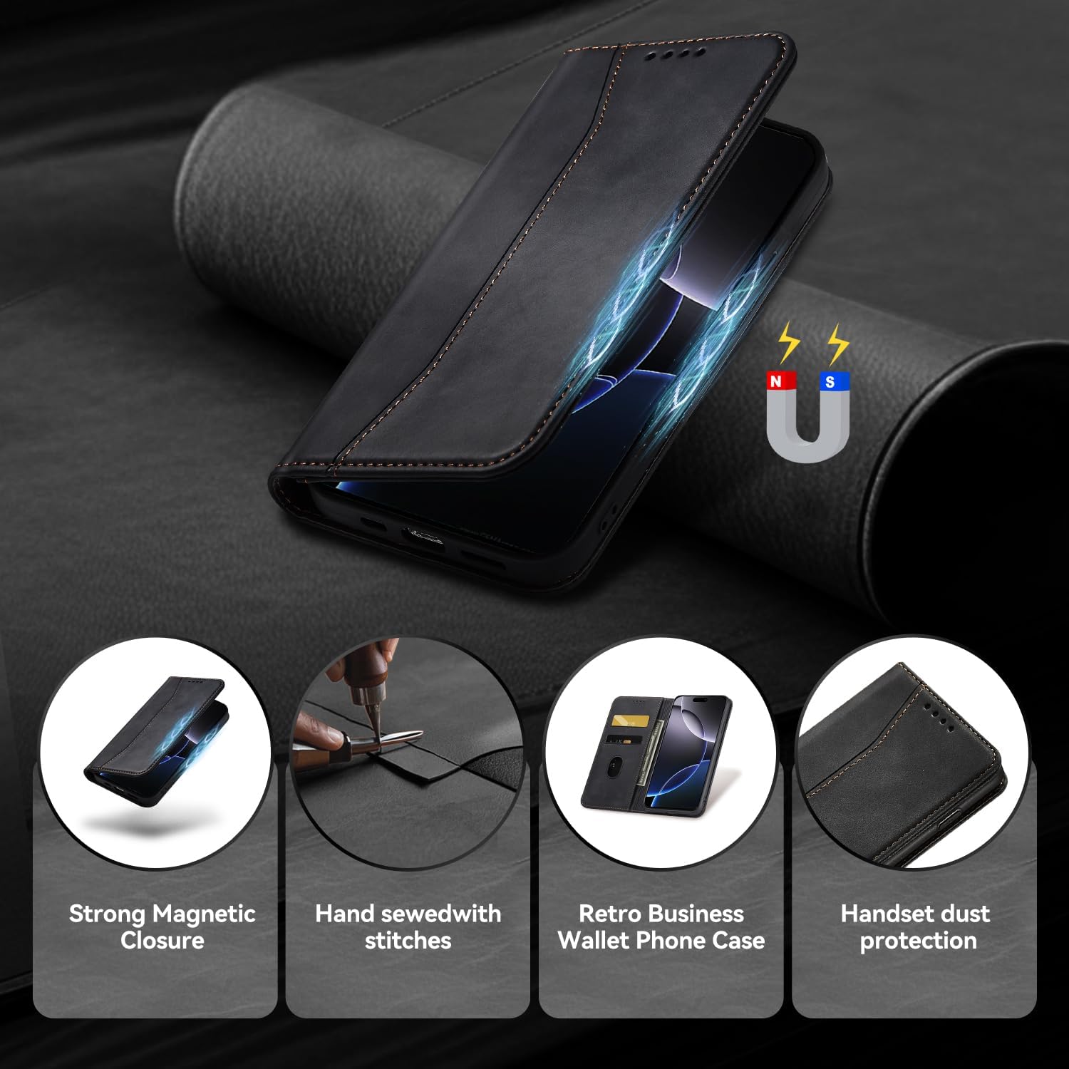 Detalle de KIOTROUO Case for OnePlus 12 Leather Wallet Case with Card Holder, Kickstand, Magnetic Closure