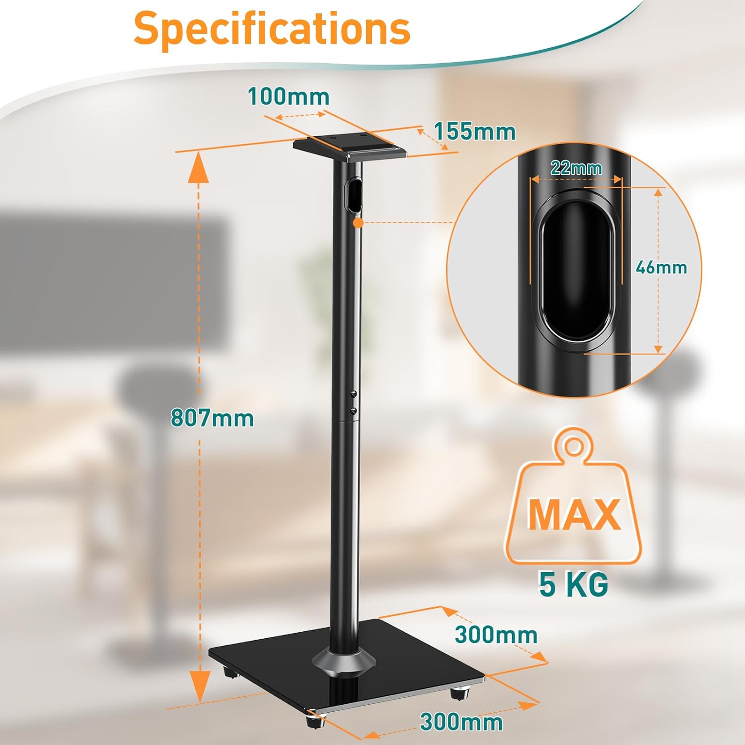 Detalle de ELIVED EV5026 : lot de 2 supports d’enceintes hauteur 80,7 cm avec socle en verre (jusqu’à 5 kg) noir