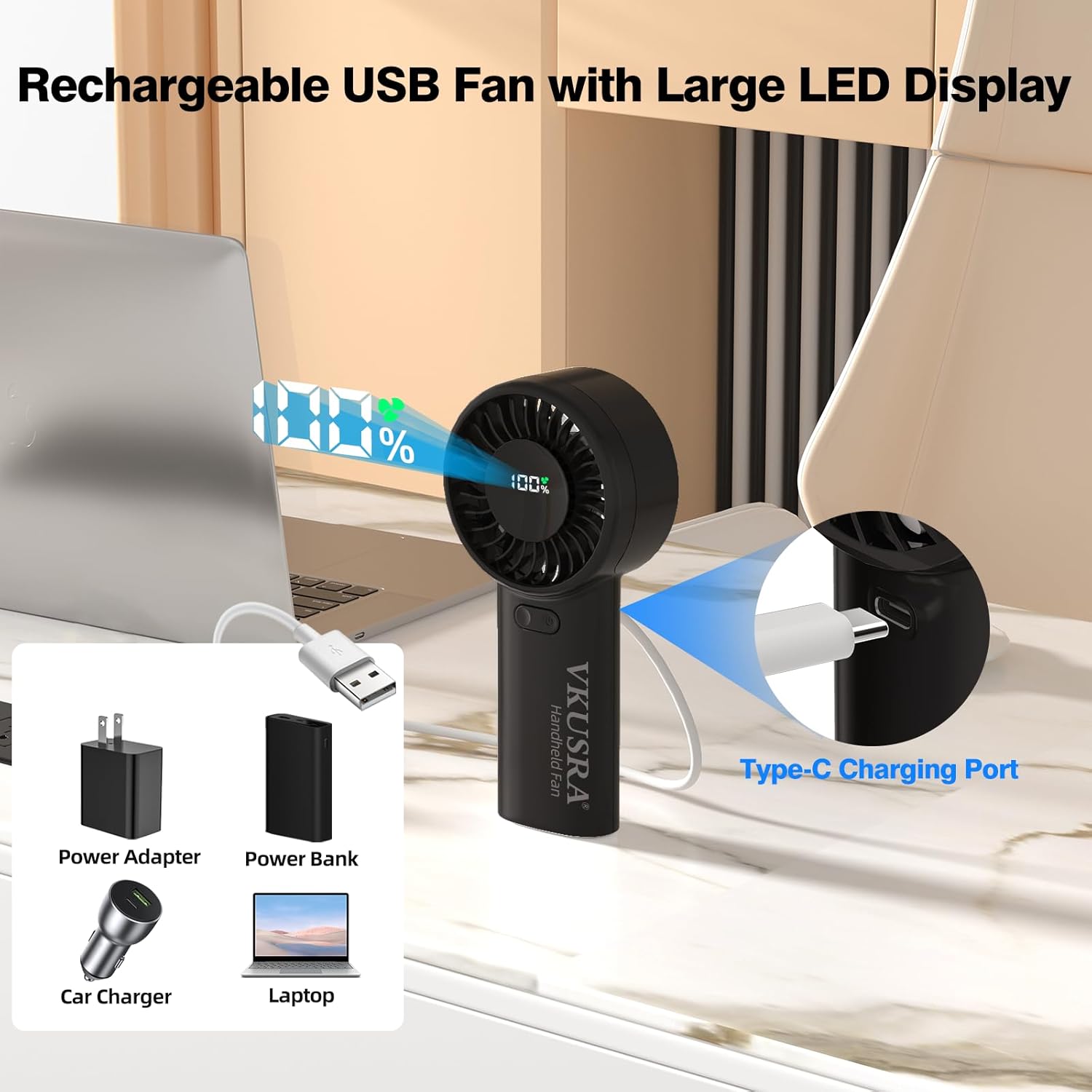 Thumbnail 4 de VKUSRA Portable Handheld Fan — Powerful 6000mAh USB Fan with Dual Airflow and Large LED Display