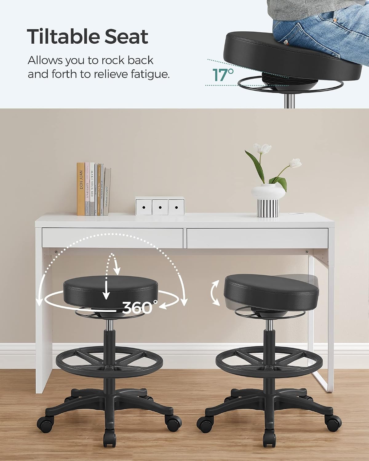 Detalle de SONGMICS Arbeitshocker OSC007B01 mit drehbarem Sitz und verstellbarer Höhe (59,5–81 cm)