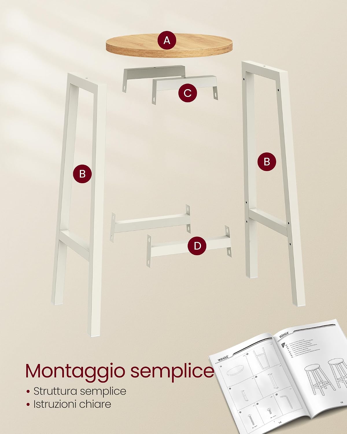 Detalle de VASAGLE Set di 2 Sgabelli da Bar 65 cm in Metallo con Poggiapiedi – Beige Rovere e Bianco, LBC032W09