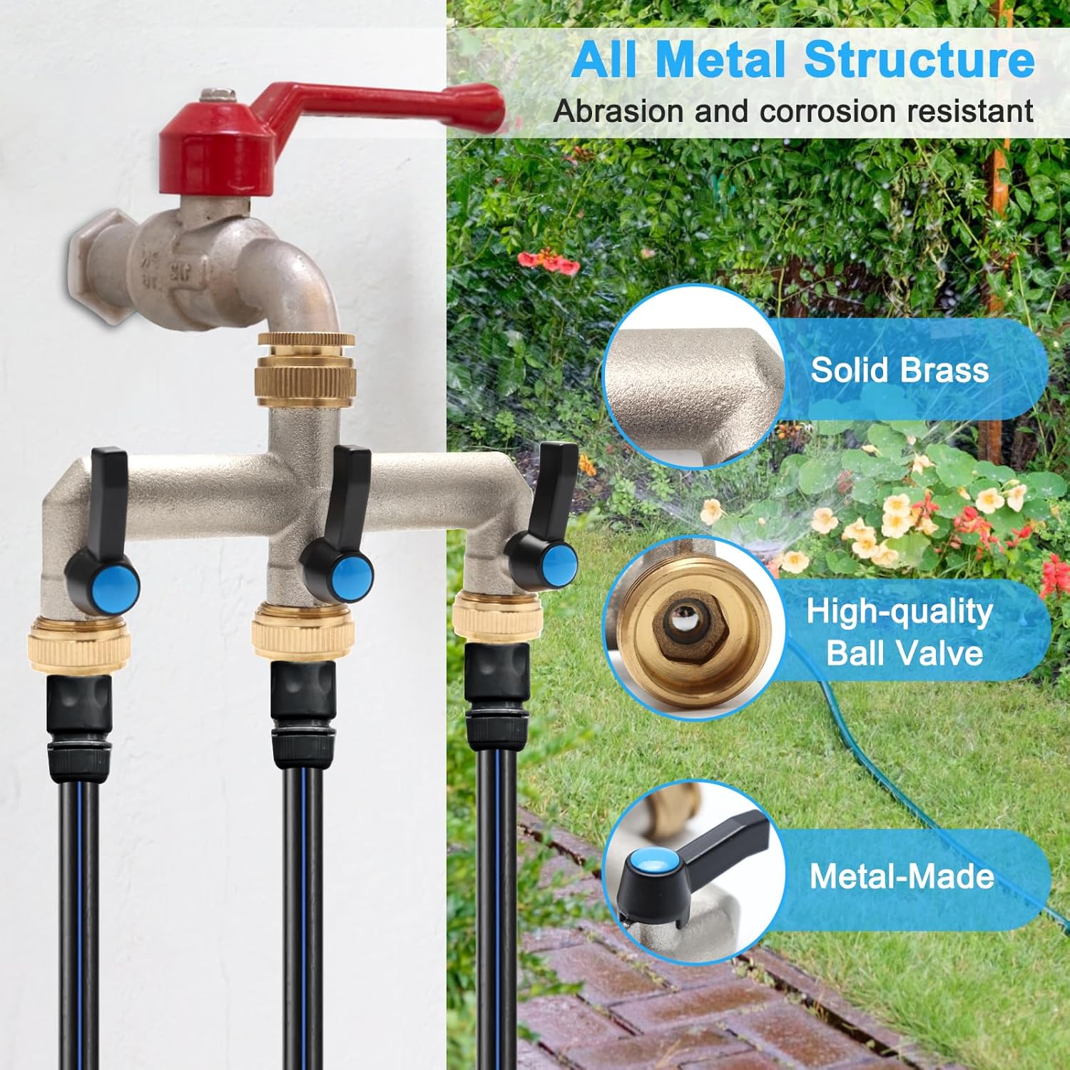 Detalle de Wasserverteiler 4-Wege aus Messing mit Verlängerungsgriff – 3/4-Zoll auf 1/2-Zoll Adapter für Haus & Waschmaschine