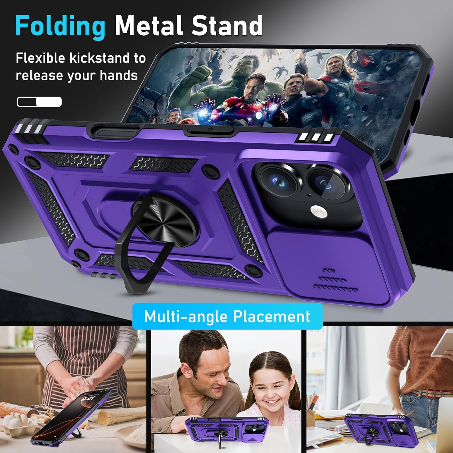 Detalle 2 de Janmitta Case for iPhone 14 & iPhone 13 with Slide Camera Lens Cover, Kickstand & Tempered Glass Screen Protector (Purple)