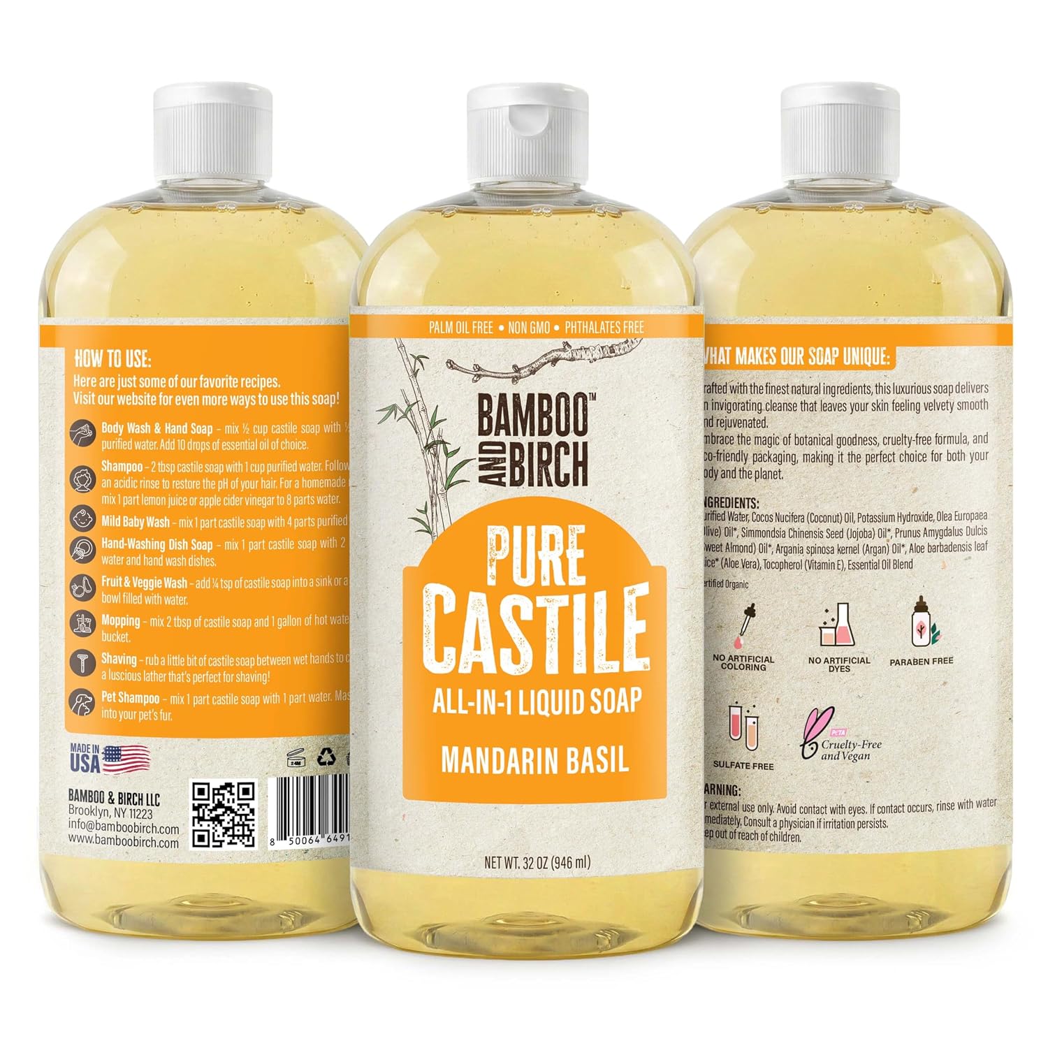 Detalle 2 de BAMBOO AND BIRCH Pure Castile Soap Liquid, Mandarin Basil, 32 oz