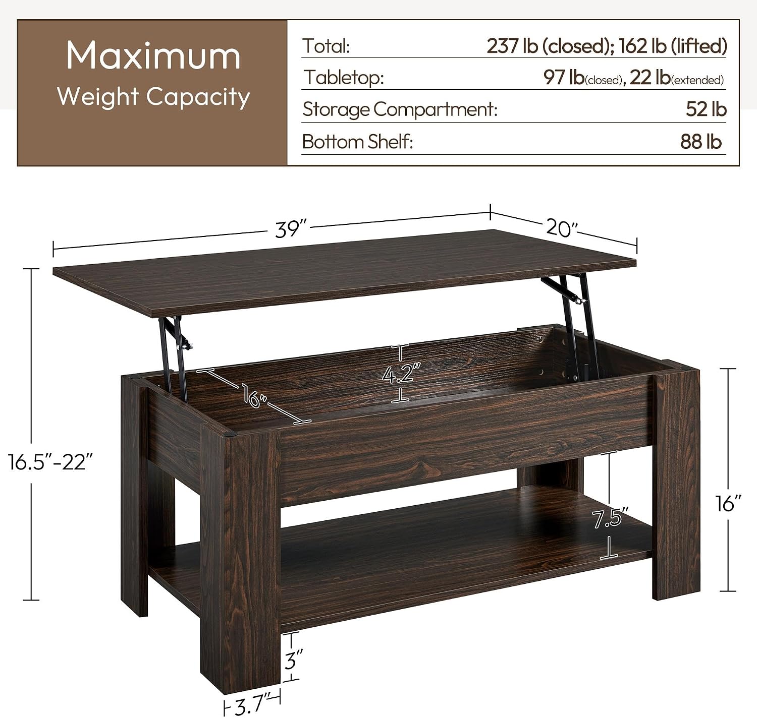 Detalle de Yaheetech Espresso Lift-Top Coffee Table with Storage, 98cm