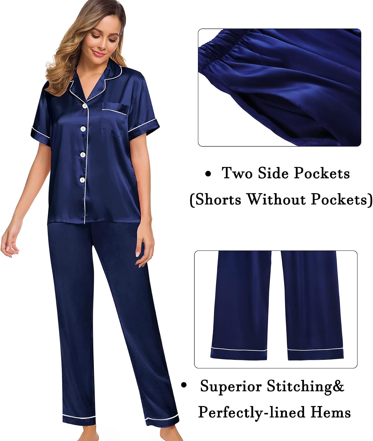 Detalle 2 de SWOMOG SWOMOG- 3-Piece Satin Pajama Set with Short-Sleeve Top