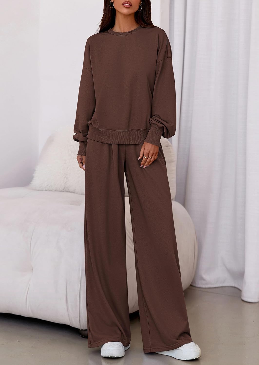 Detalle 2 de PRETTYGARDEN PR1122 Two-Piece Lounge Set with Crew-Neck Top and Wide-Leg Pants