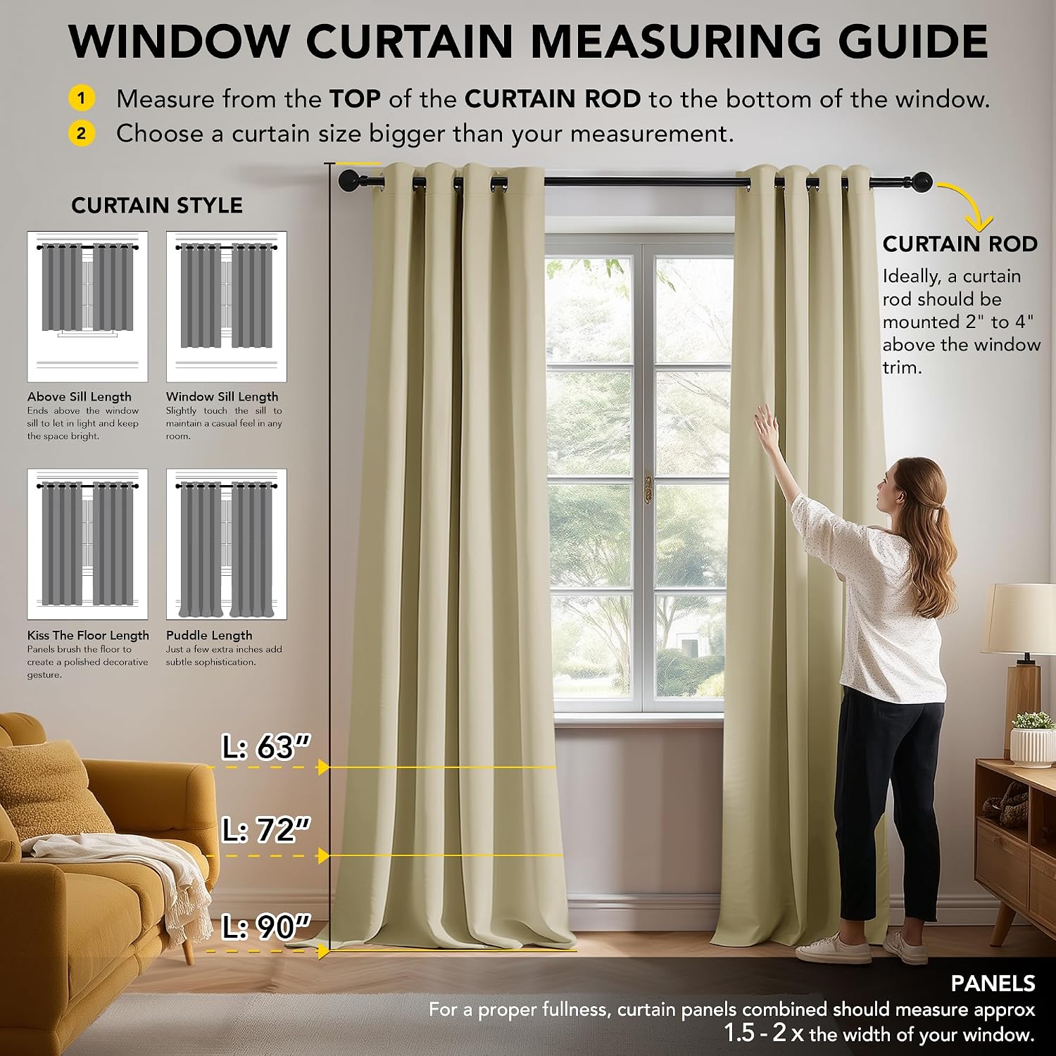 Detalle de Deconovo Thermal Insulated Wide Beige Curtains (1 Pair) – 90 x 72 Drop, Eyelet, Room Darkening, Energy Saving and Noise Reduction