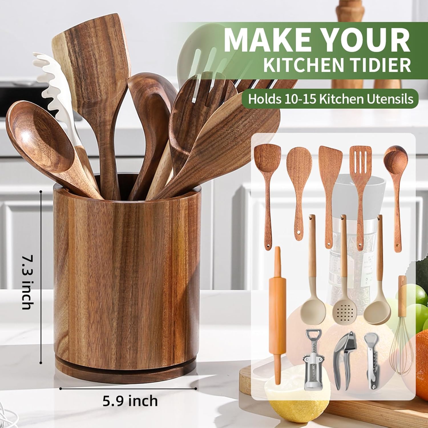 Thumbnail 2 de gorsent Wooden Utensil Holder 7.3" 🍽