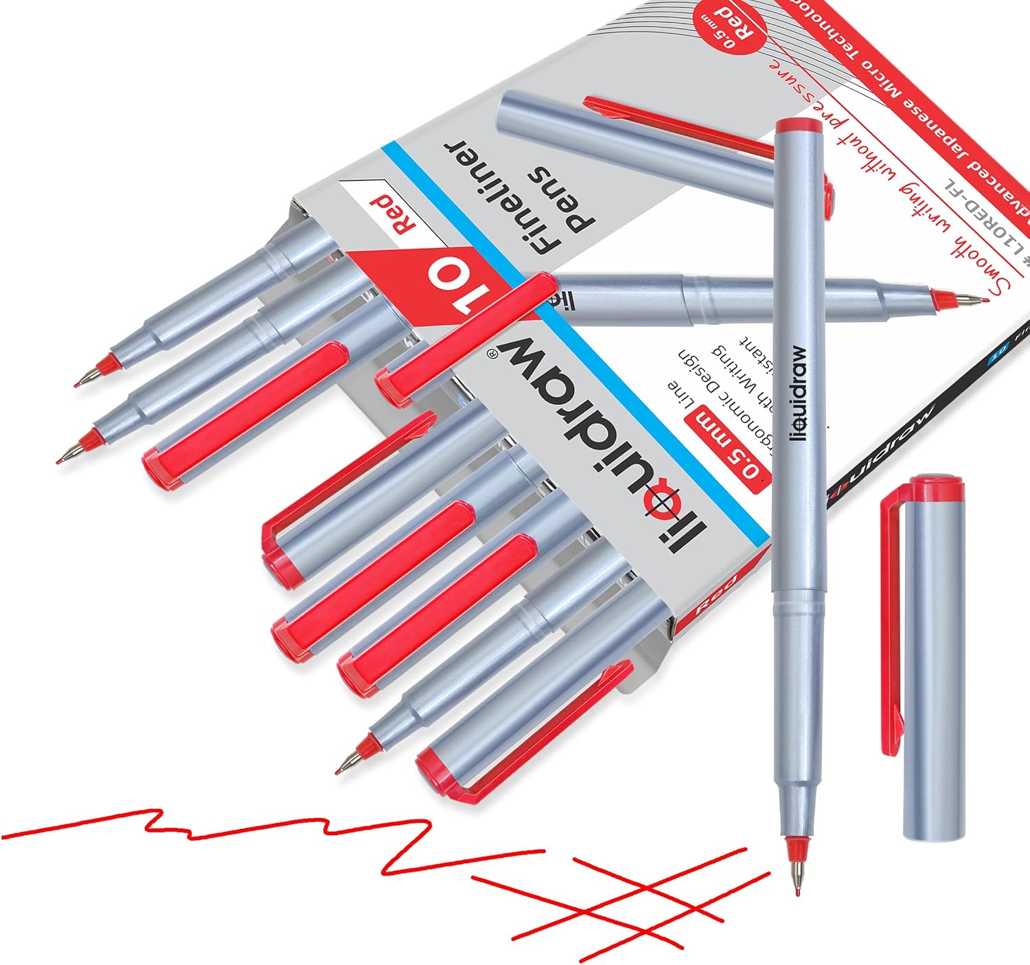 Detalle de Liquidraw レッドファインライナー 10本セット 0.5mm細字・収納ケース付き