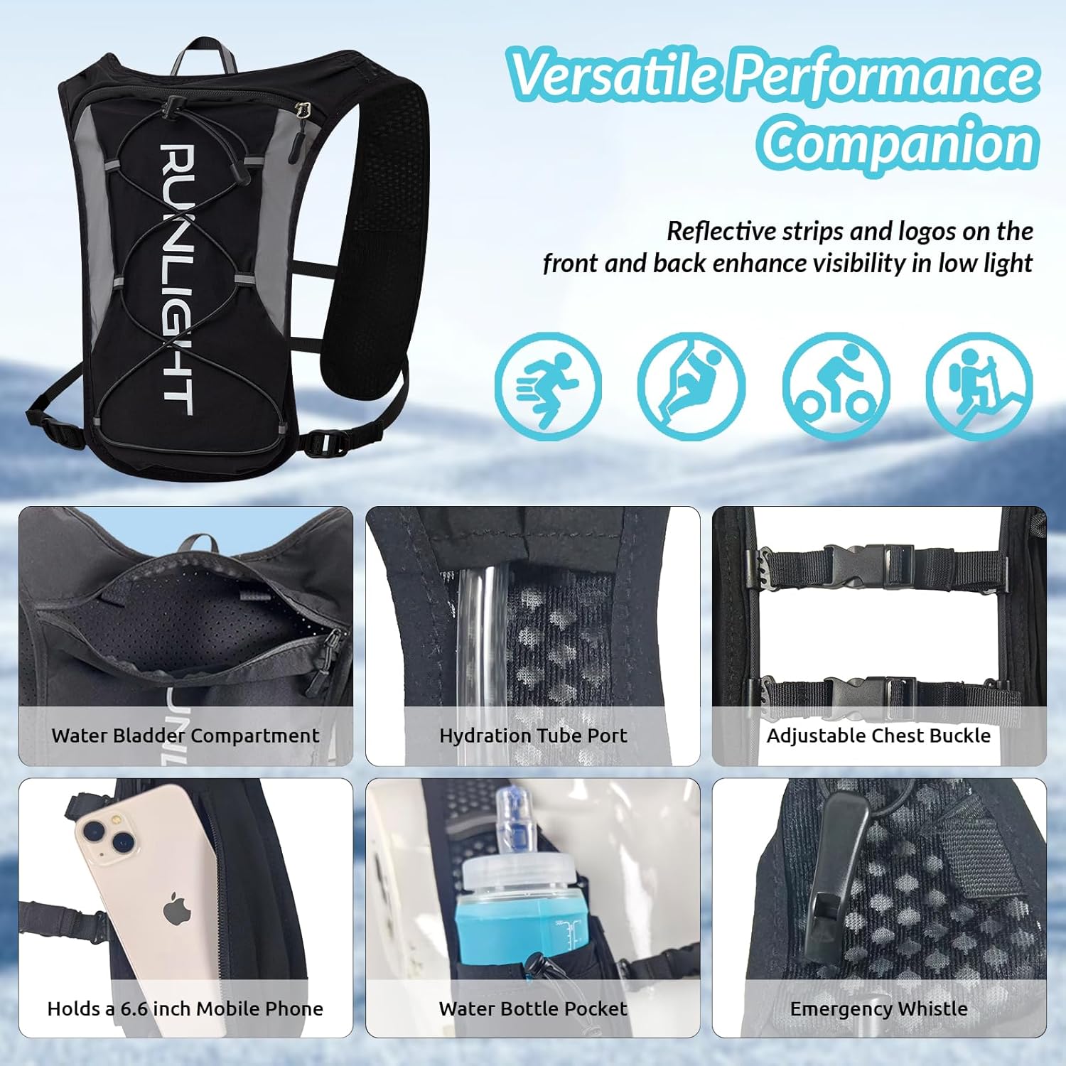 Thumbnail 3 de Running Vest Women Men Night Reflective Hydration Vest with 1500ml Soft Water Bottle