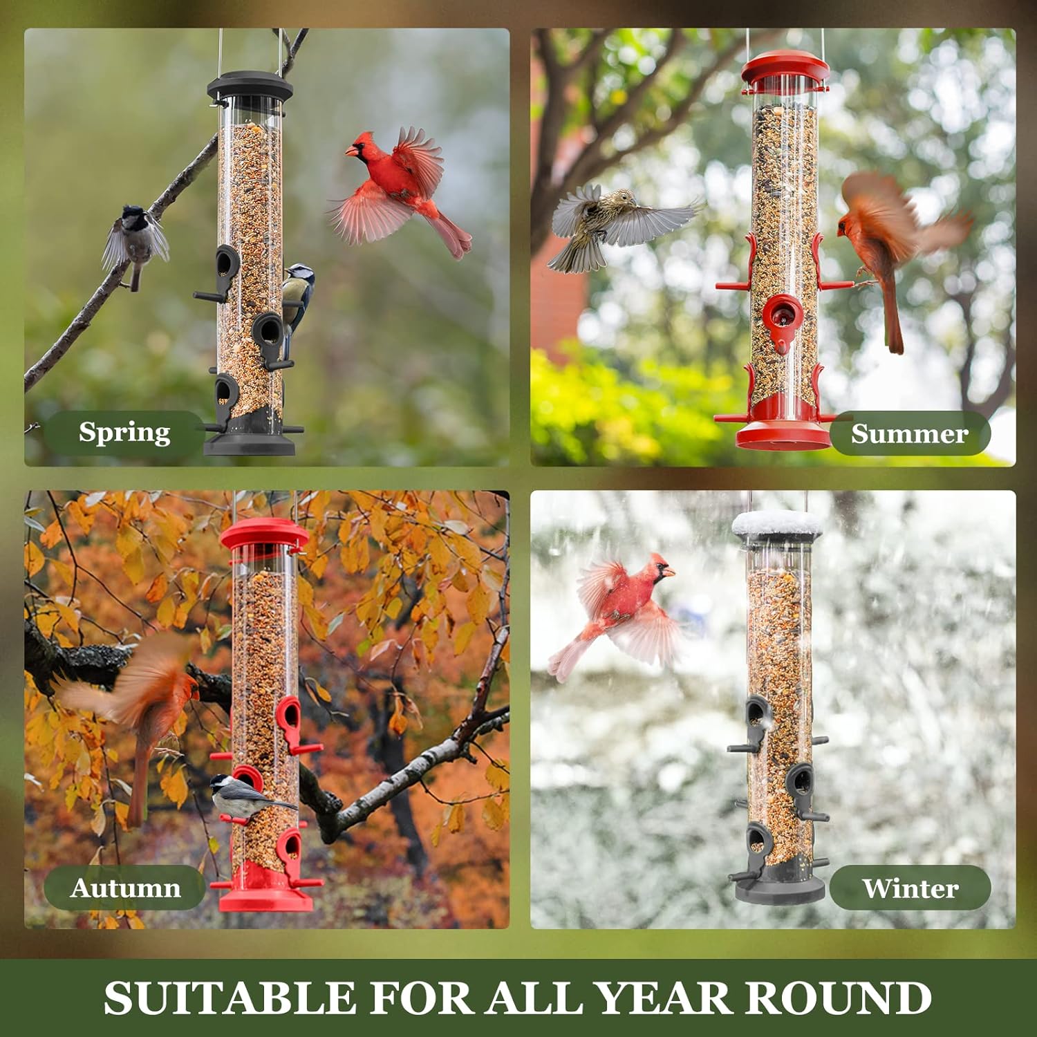 Detalle de Kingsyard 2-Pack Tube Feeders with 6 Feeding Ports (Weatherproof Hard Plastic & Steel Hanger) — Black