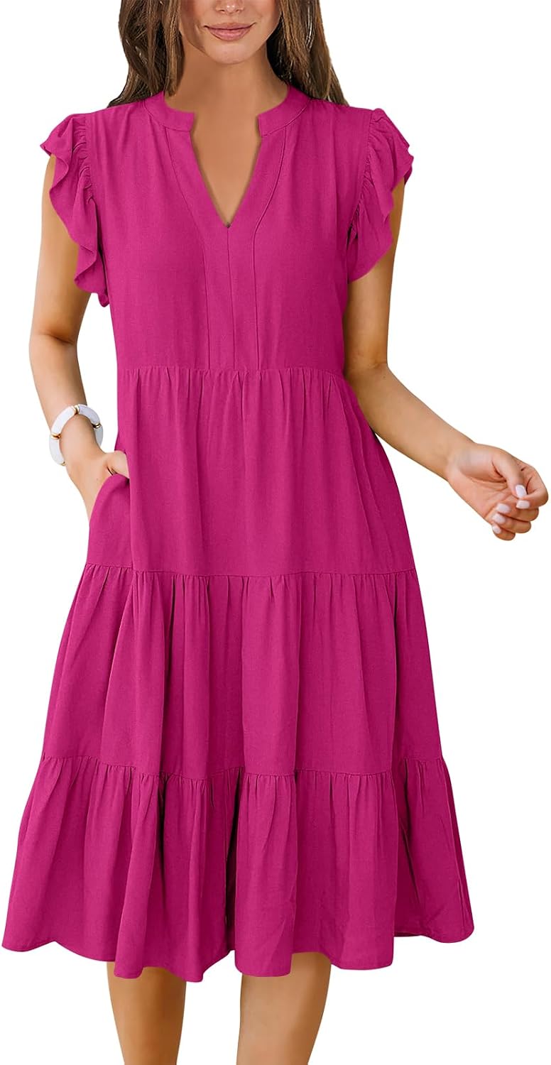 Detalle de ANRABESS Women's Summer Dress with Ruffle Sleeves – V-Neck Midi Boho Floral/Solid