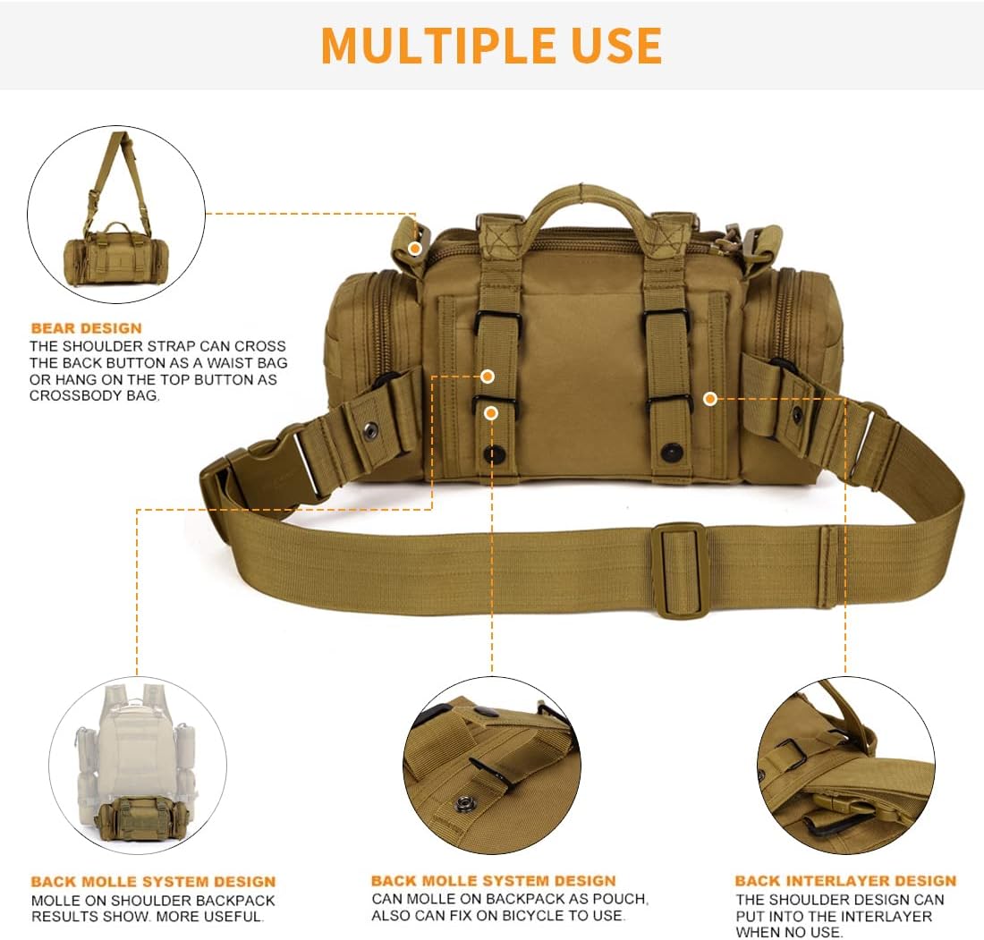 Detalle de Huntvp 3 Way Waist Bag Tactical MOLLE Crossbody Pack (Brown) for Hiking, Camping and More