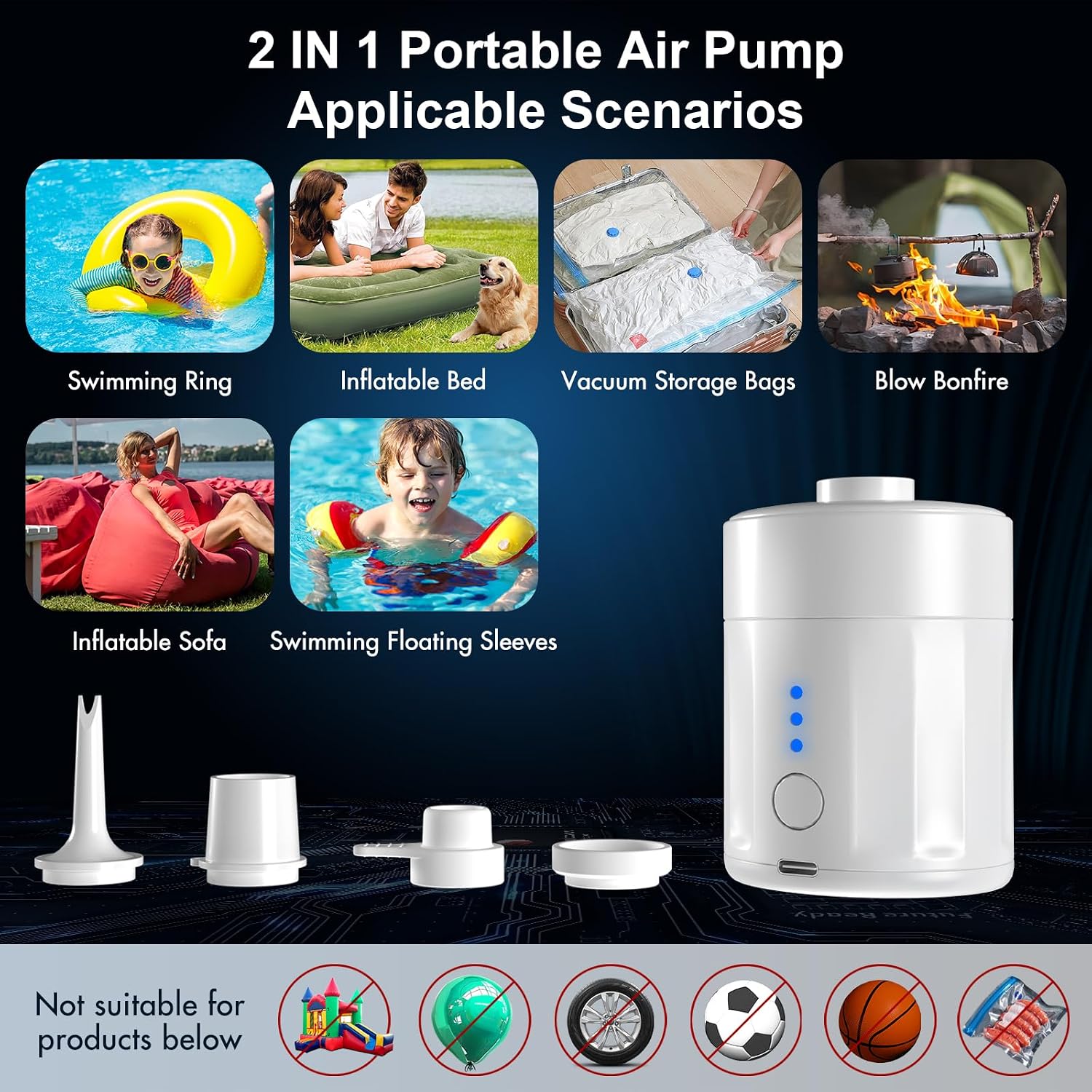 Thumbnail 4 de Mojimdo Portable Electric Air Pump for Inflatables: 2-in-1 Convenience for Airbeds, Pools and More