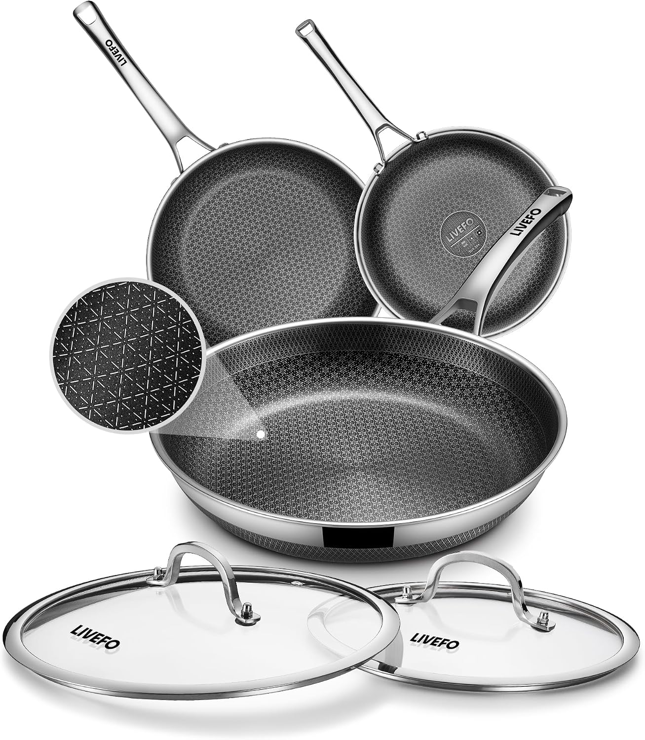 Detalle de LIVEFO SC3PCLID Stainless Steel Frying Pan Set, 8/10/12-Inch, Non-Stick
