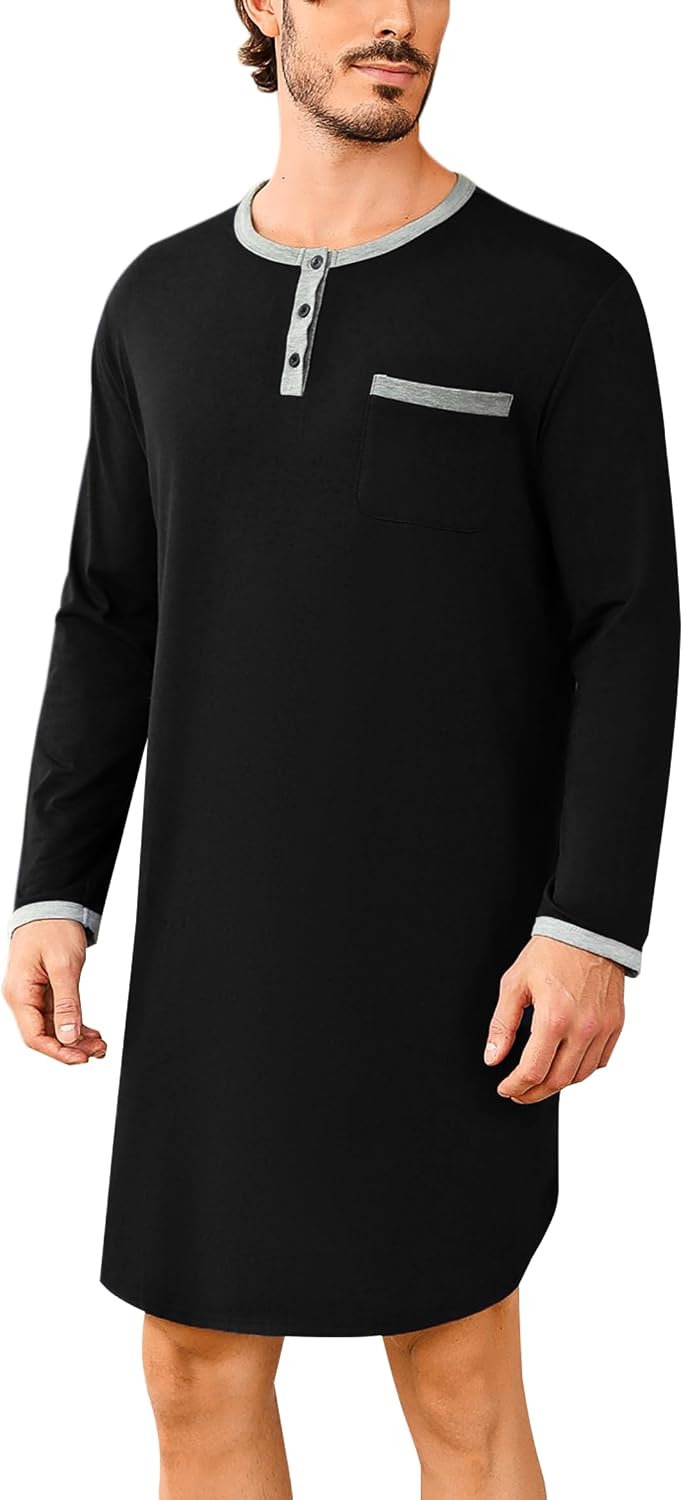 Detalle de Uniexcosm Hauts de Pyjama pour Hommes — Chemise de Nuit à Manches Longues, Col Rond et Poche, Taille S–3XL