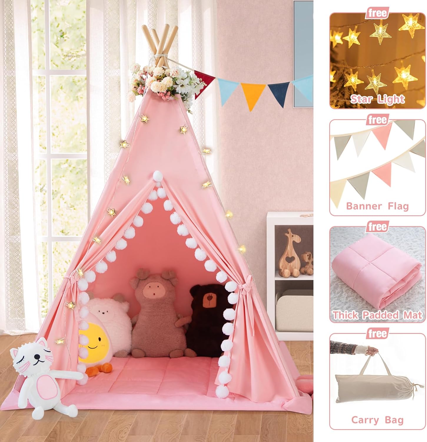 Thumbnail 3 de WIRHAO Kids Teepee Tent with Padded Mat, Cotton Canvas & Stars Lights (Pink)