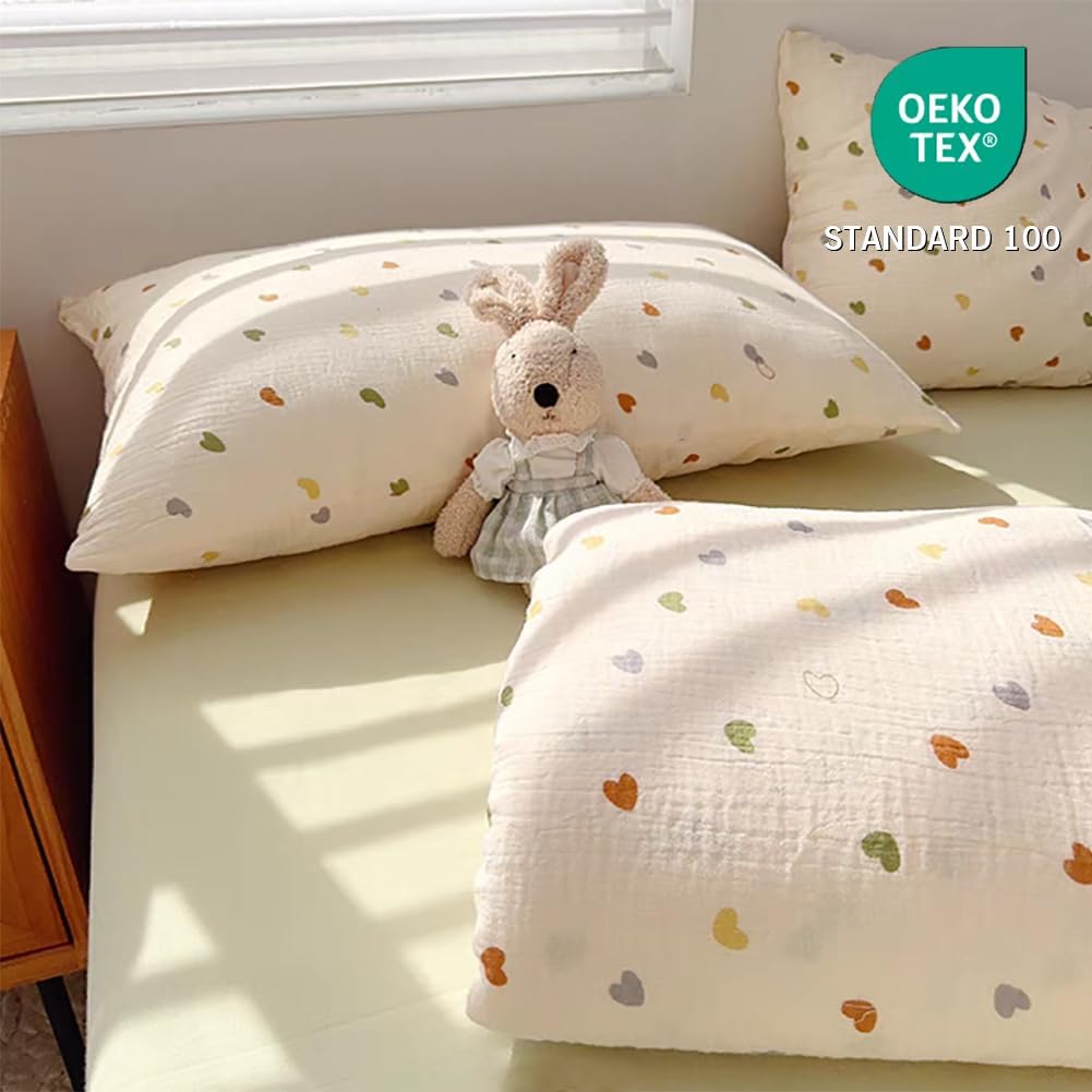Detalle de AShanlan Kinderbettwäsche 135x200 Musselin – Bunte Herzen, OEKO-TEX, mit Reißverschluss