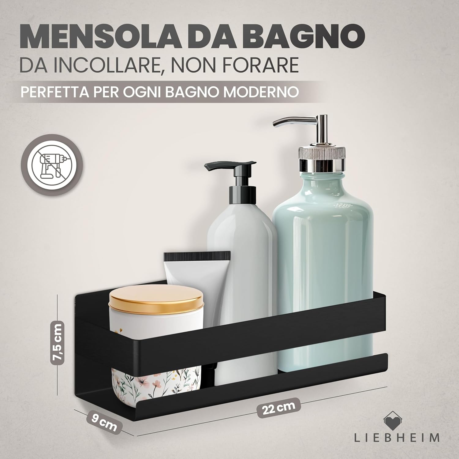 Thumbnail 1 de LIEBHEIM porta sapone da doccia con mensola adesiva in alluminio nero