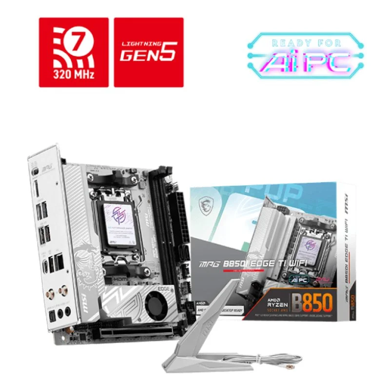 Detalle de MSI B850I EDGE TI WIFI: placa base Mini ITX AM5 para Ryzen, con Wi‑Fi 7 y DDR5 hasta 128 GB