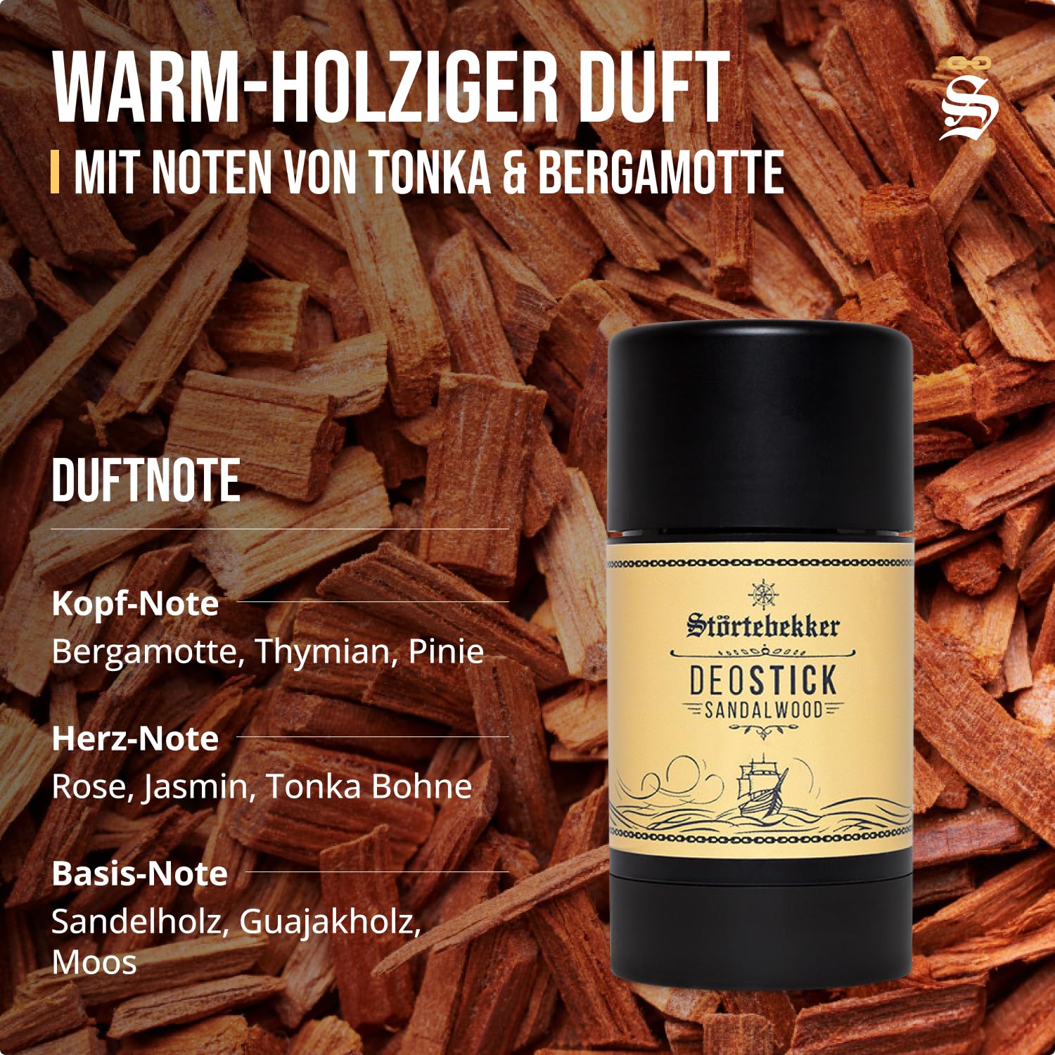 Detalle de Störtebekker Premium Deostick Sandelholz – langanhaltende Frische für Herren (75 g) • Made in Germany