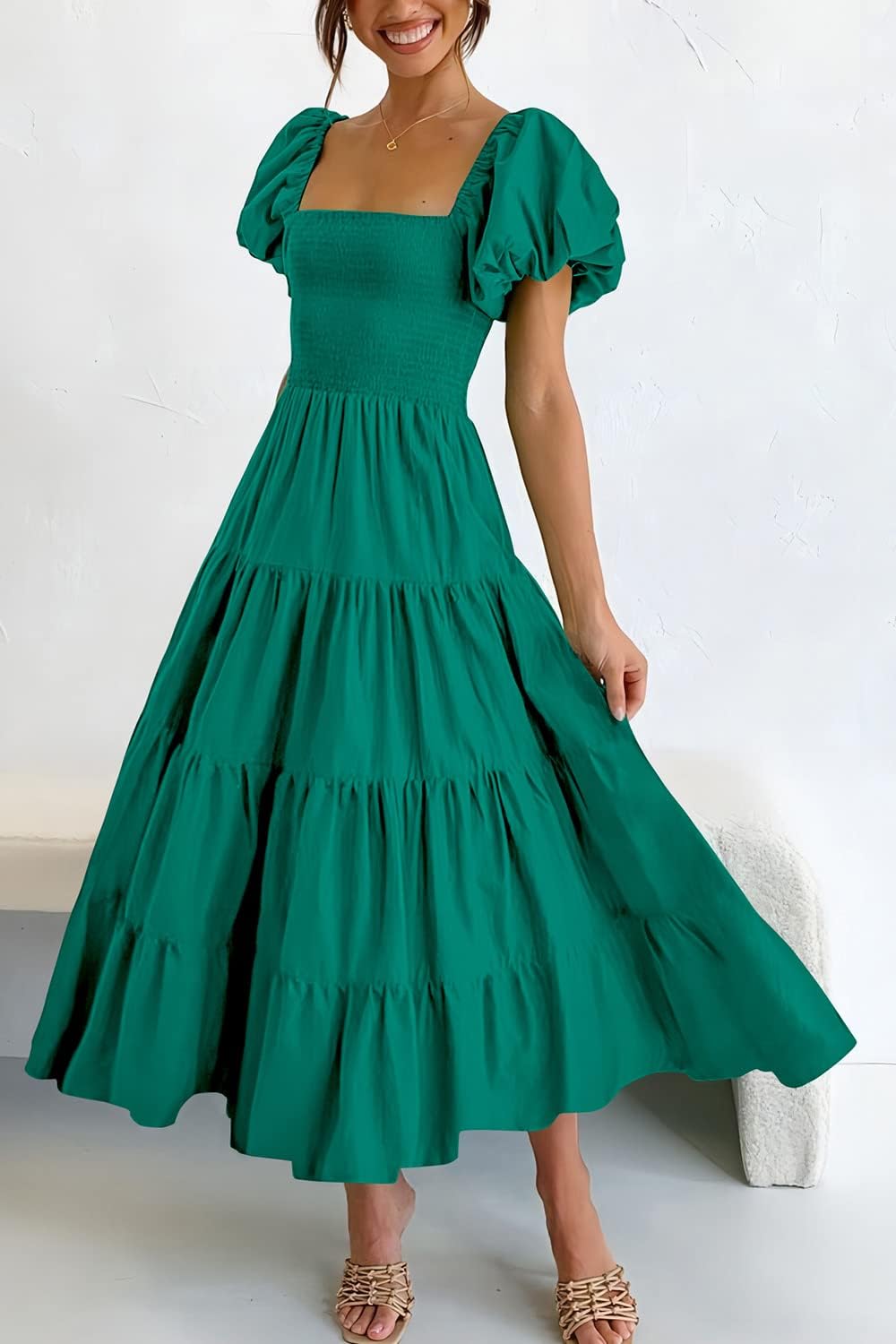 Thumbnail 1 de PRETTYGARDEN Women's Casual Summer Midi Dress with Puffy Short Sleeves, Square Neck, Smocked Tiered Ruffle