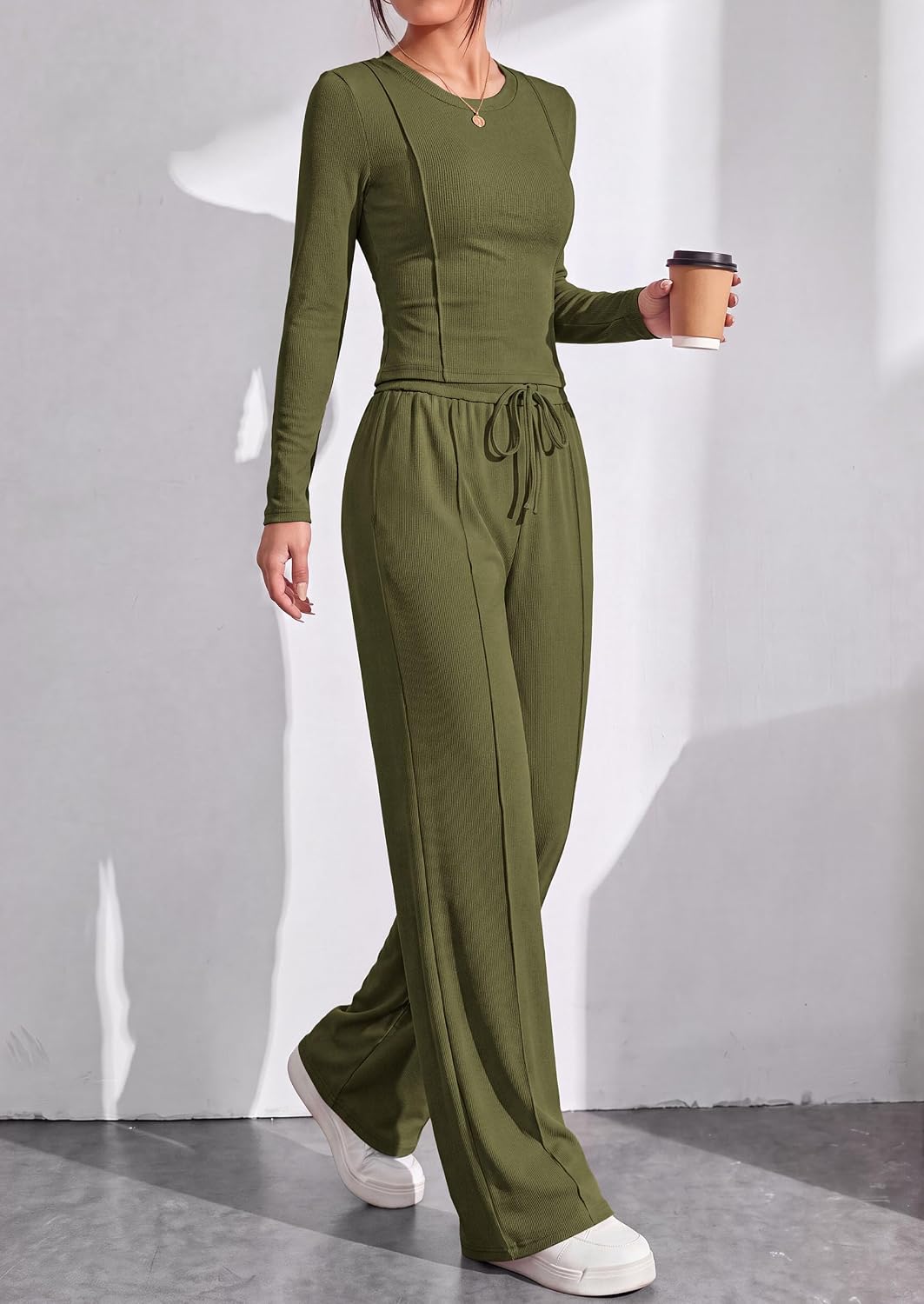 Detalle de PRETTYGARDEN Women's Ribbed-Knit Two-Piece Set