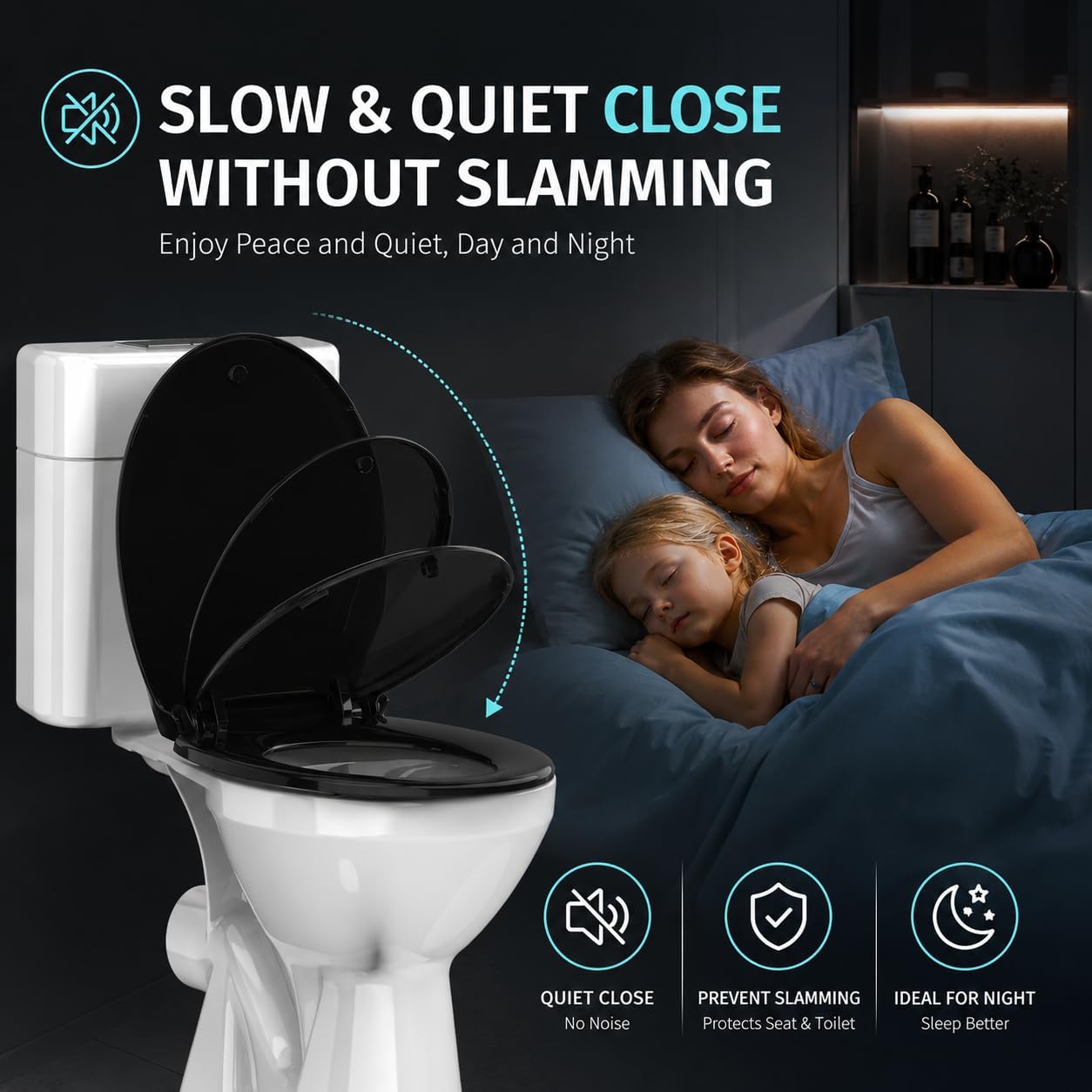 Detalle de Meydrdou CCP004 Black Round Toilet Seat with Soft-Close PP Lid