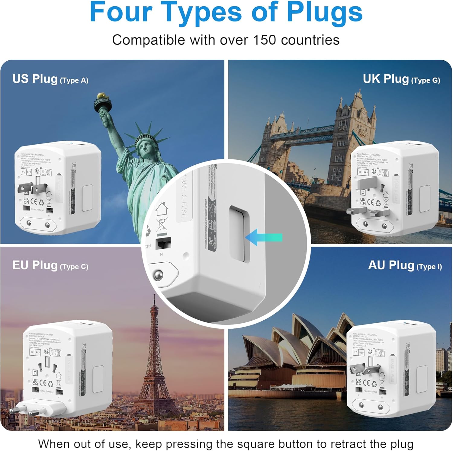 Detalle de Adattatore Universale da Viaggio 5 in 1 con 2 USB A, 2 Type-C e 1 Spina AC