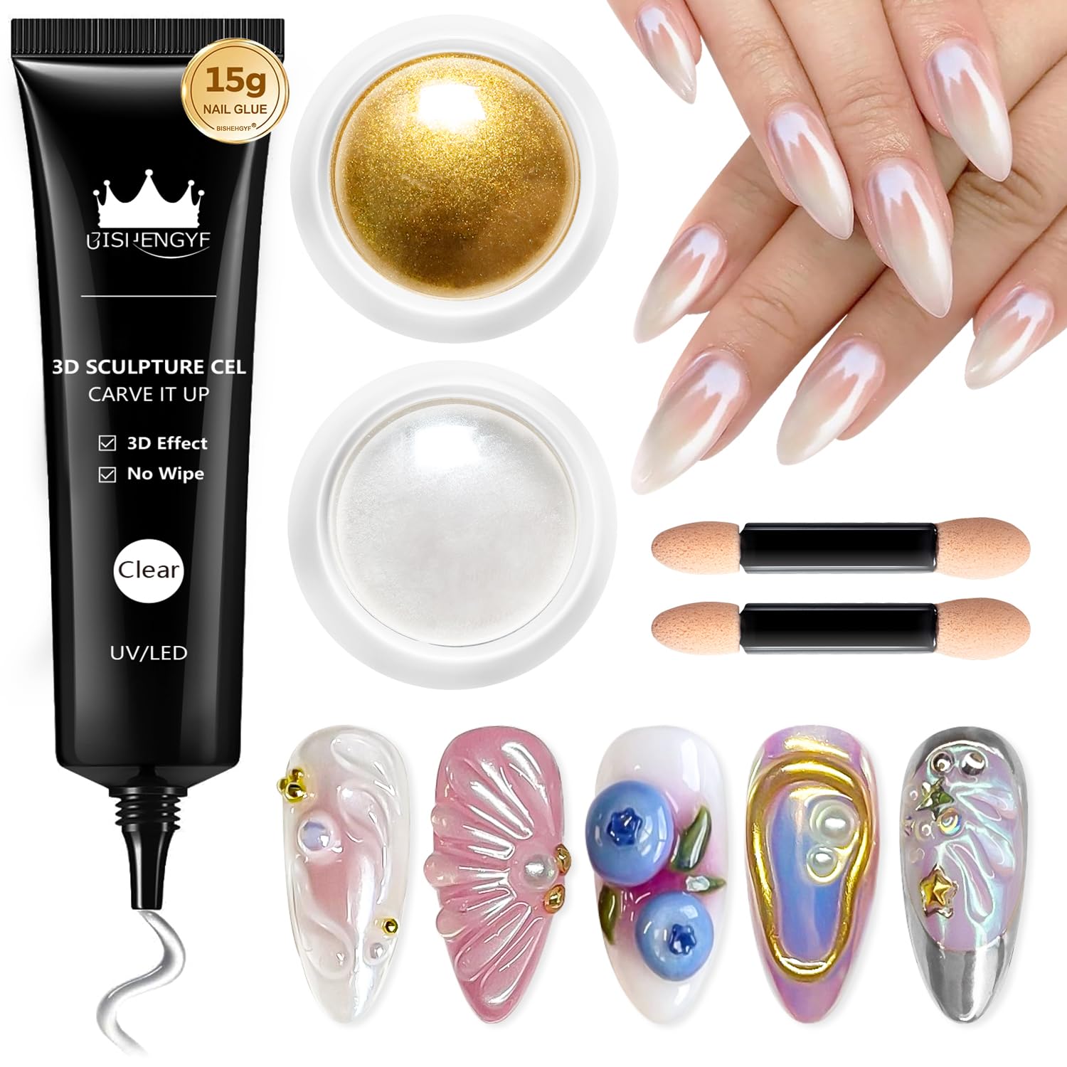 Detalle de BISHENGYF Multifunktions 3D Gel Nail Art Set – Chrome-Glitzer & 15 g Gel, 2 Chrome-Puder, rhinestone Kleber