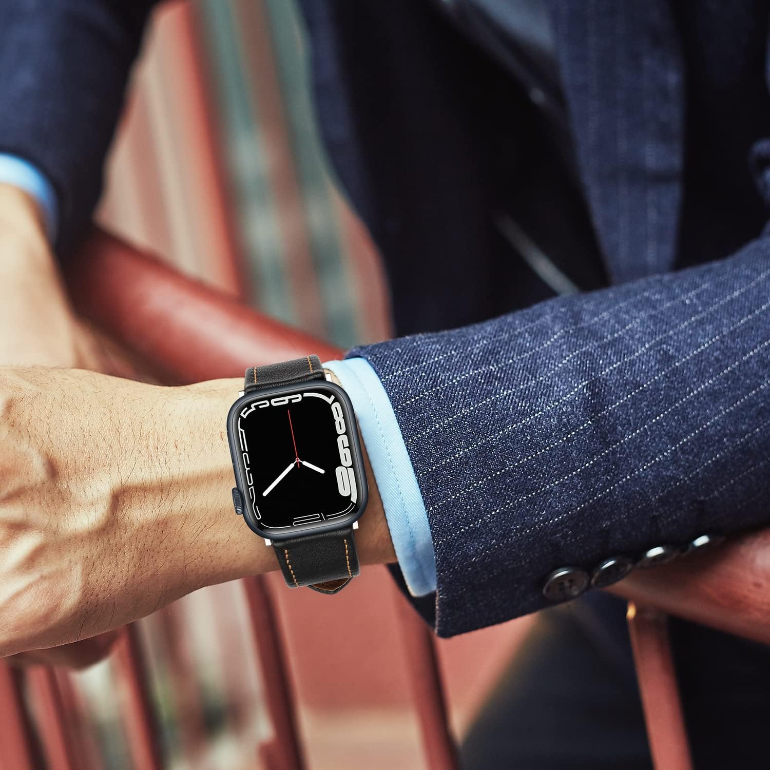 Thumbnail 6 de Tasikar Leather Watch Strap for Apple Watch (49mm/45mm/44mm/42mm/41mm/40mm/38mm) with Square Buckle – Black