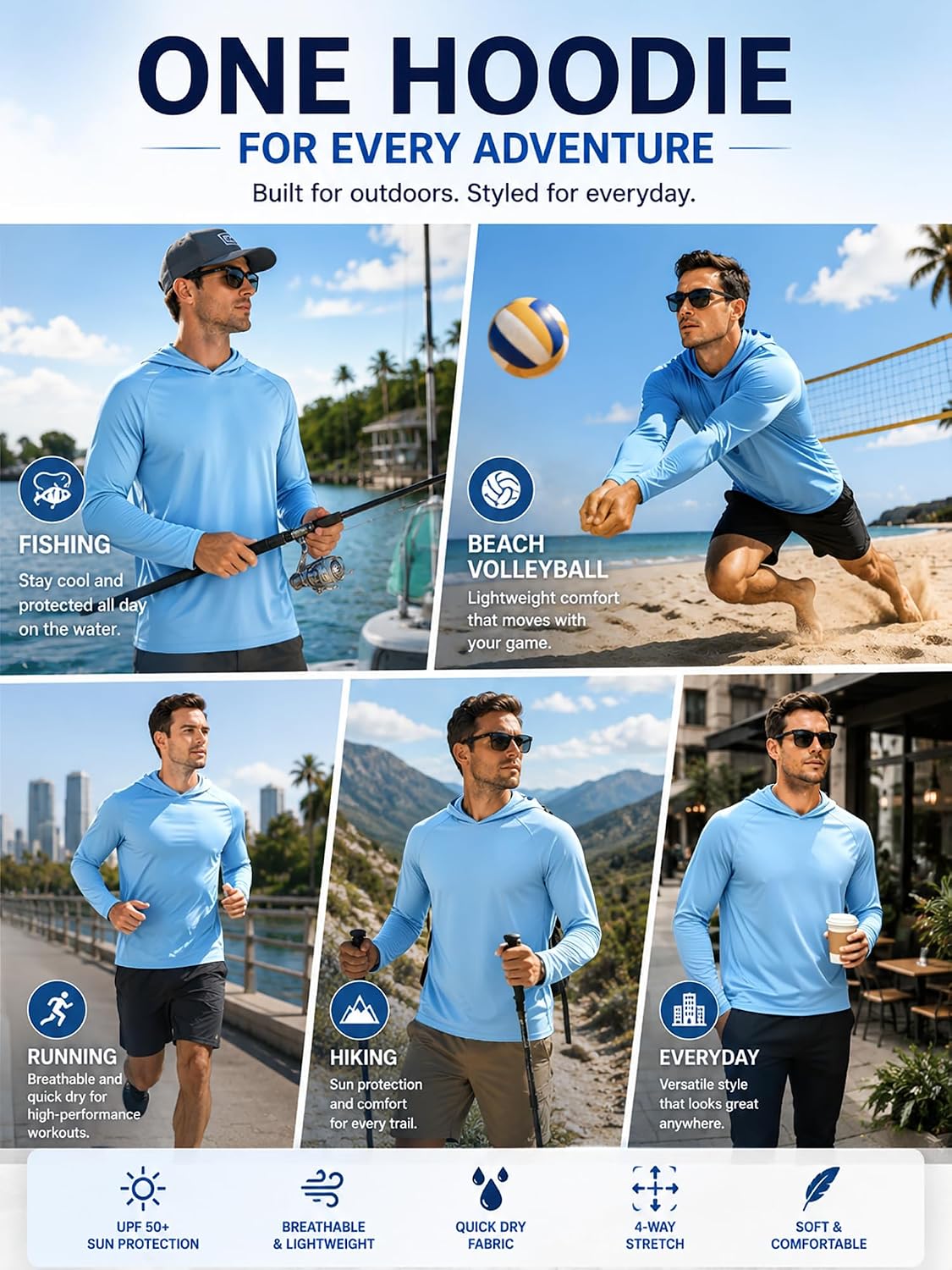 Detalle 2 de ZITY Men's Sun Protection Hoodie Shirt: 3-Pack UPF 50+ Lightweight Rash Guard