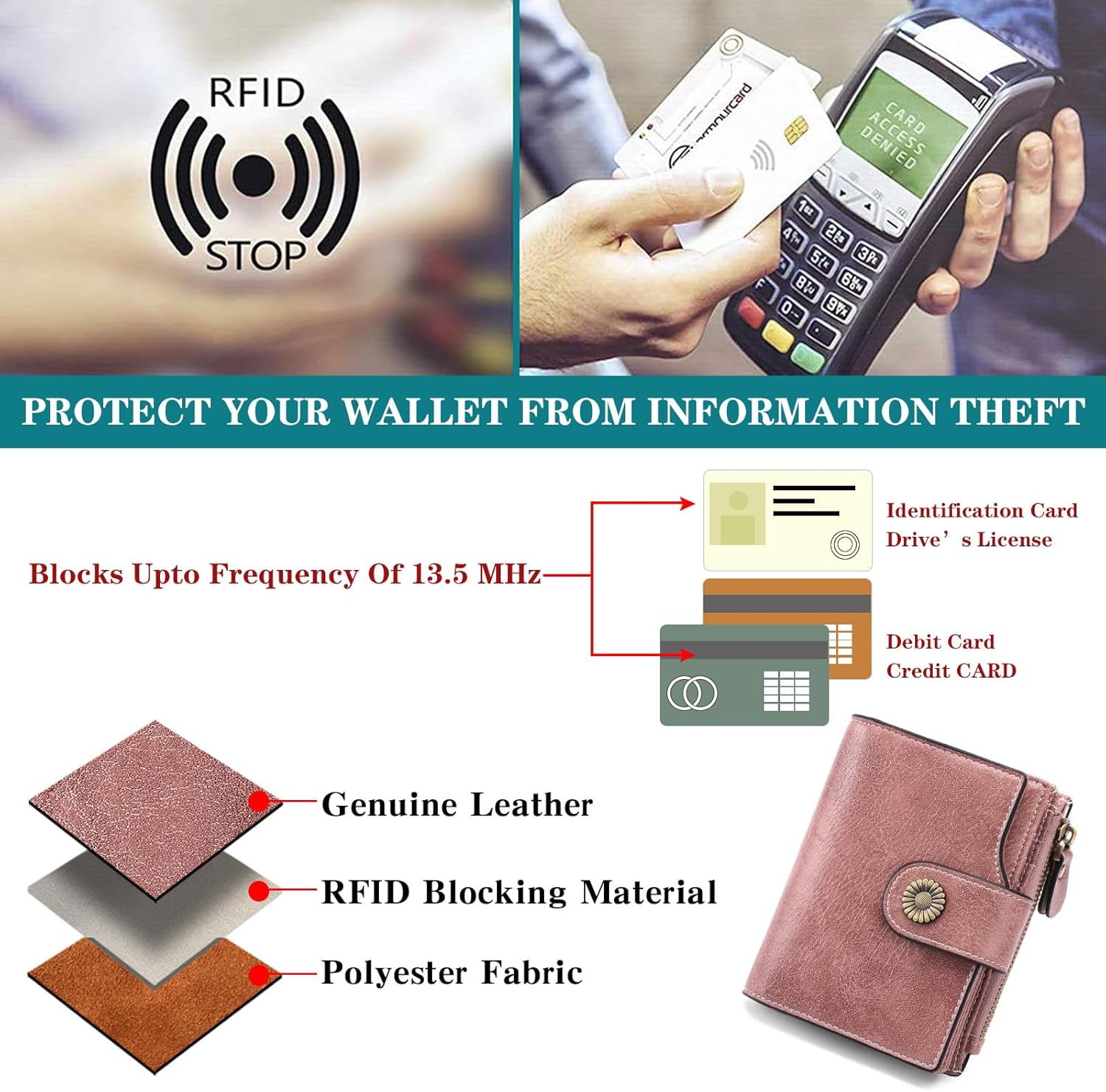 Thumbnail 4 de SENDEFN Damen Portemonnaie Echtleder, Bifold mit RFID-Schutz – 16 Kartenfächer, Reißverschlussfach
