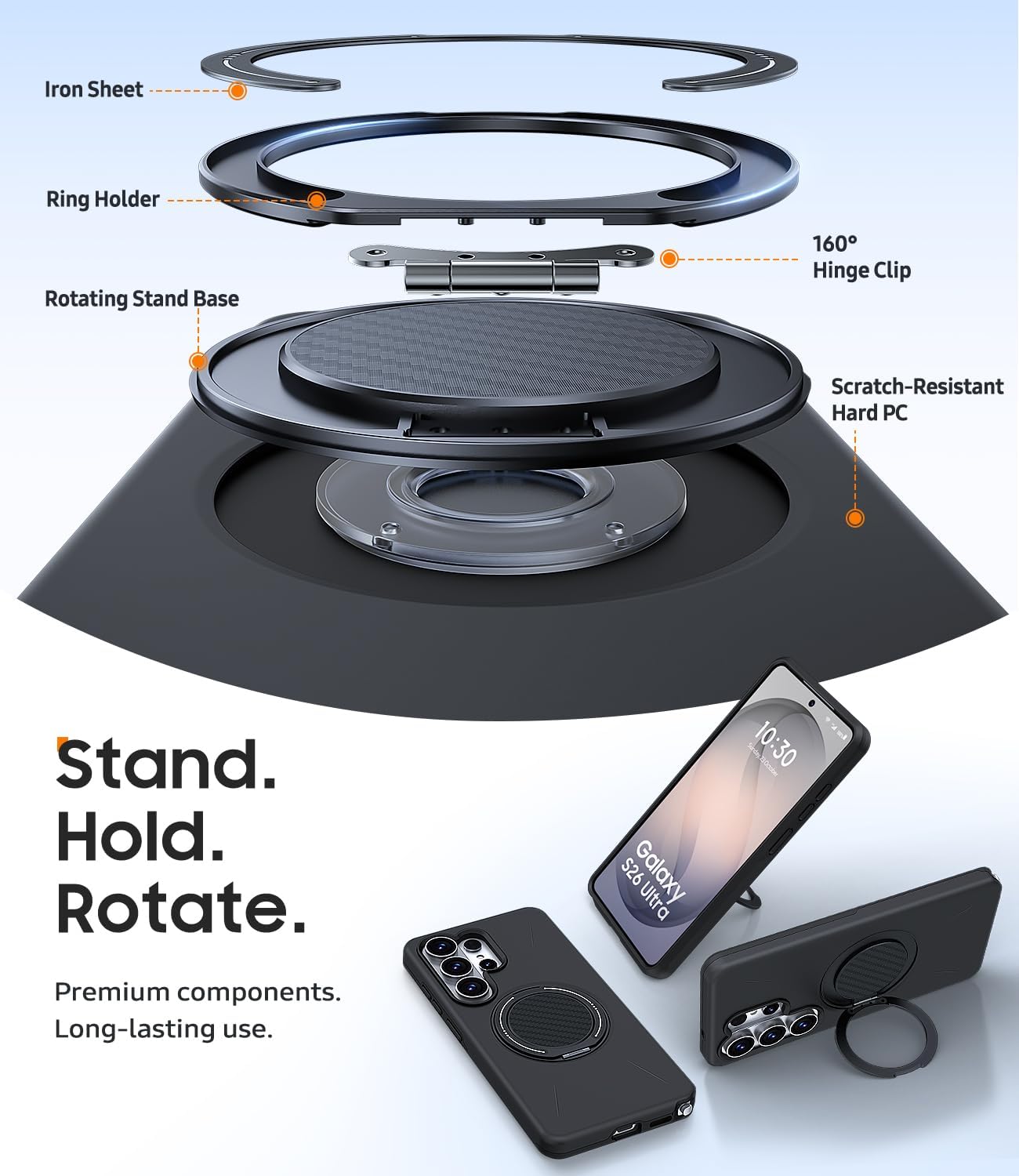 Detalle de AOUIA Samsung S26 Ultra Case (Black) with 2-Pack Screen Protector & 360° Kickstand