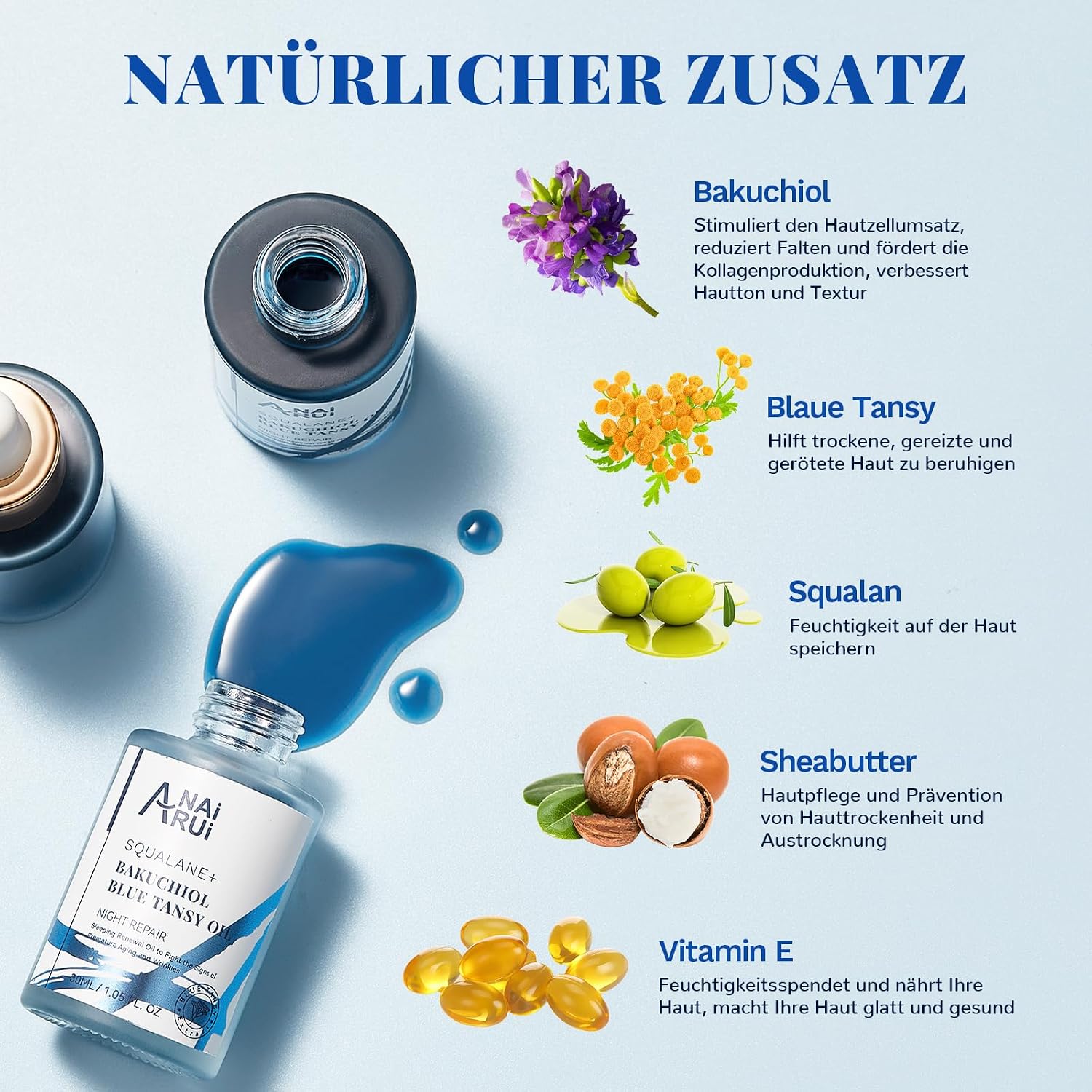 Detalle de ANAiRUi Bakuchiol Oil mit Blue Tansy – pflanzliches Gesichtsöl als Retinol-Alternative (30 ml)