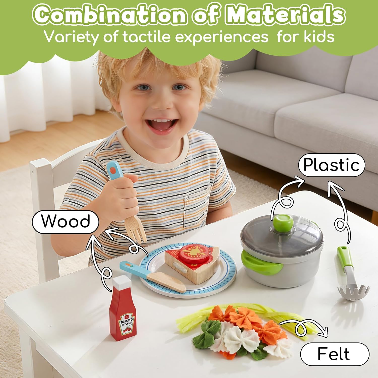 Detalle 2 de Lehoo Castle Wooden Play Food — Pizza & Pasta Toy Set for Kids