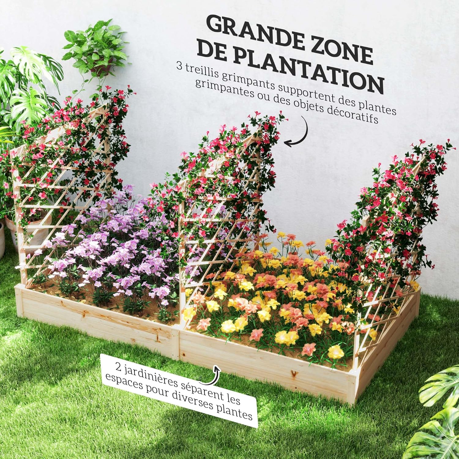 Thumbnail 2 de Outsunny Jardinière surélevée avec 3 treillis modulables et 2 bacs à planter, bois naturel verni (222 x 114 x 109 cm)