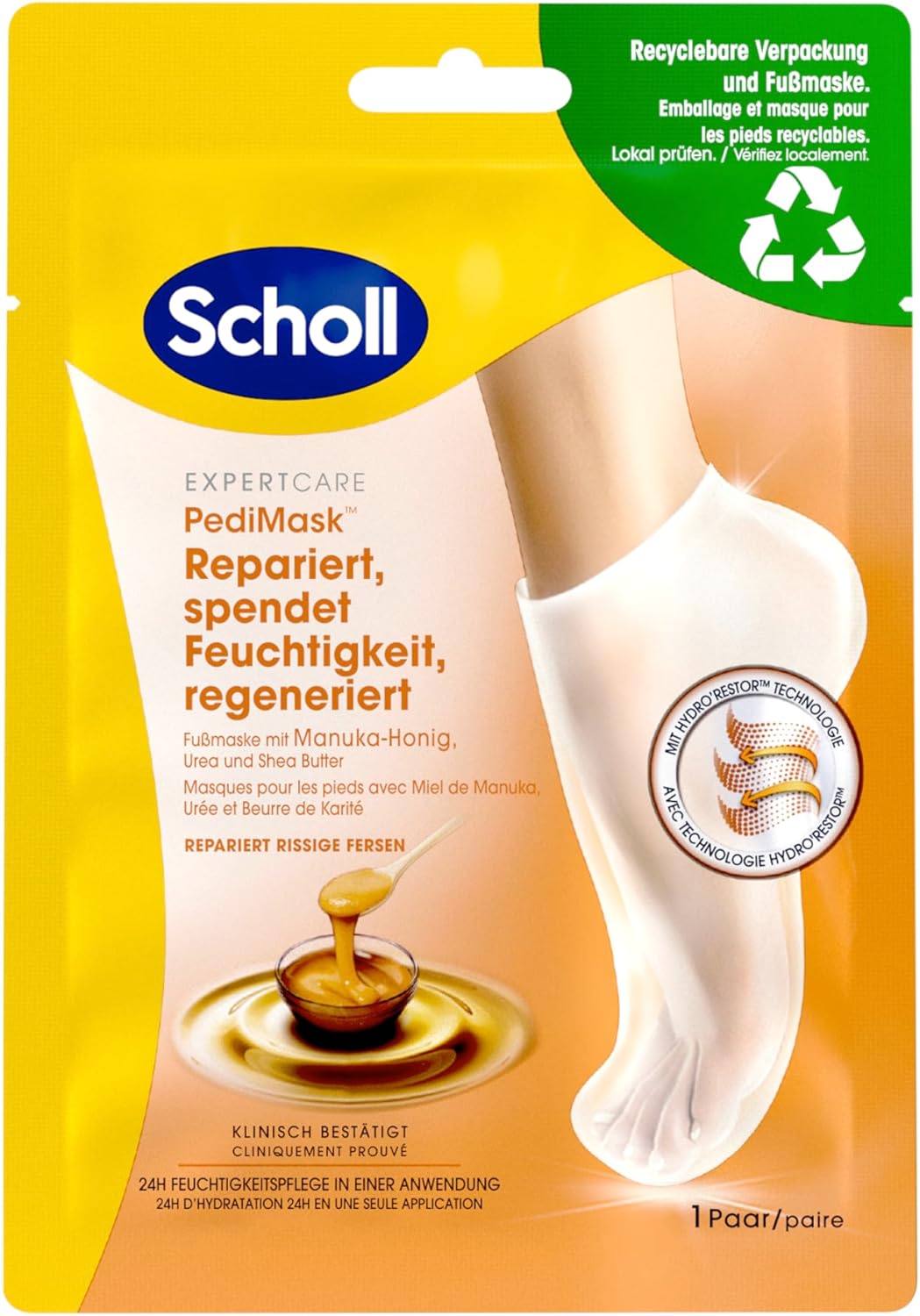 Scholl Lot de 2 masques hydratants pour les pieds au miel de Manuka – hydratation longue durée