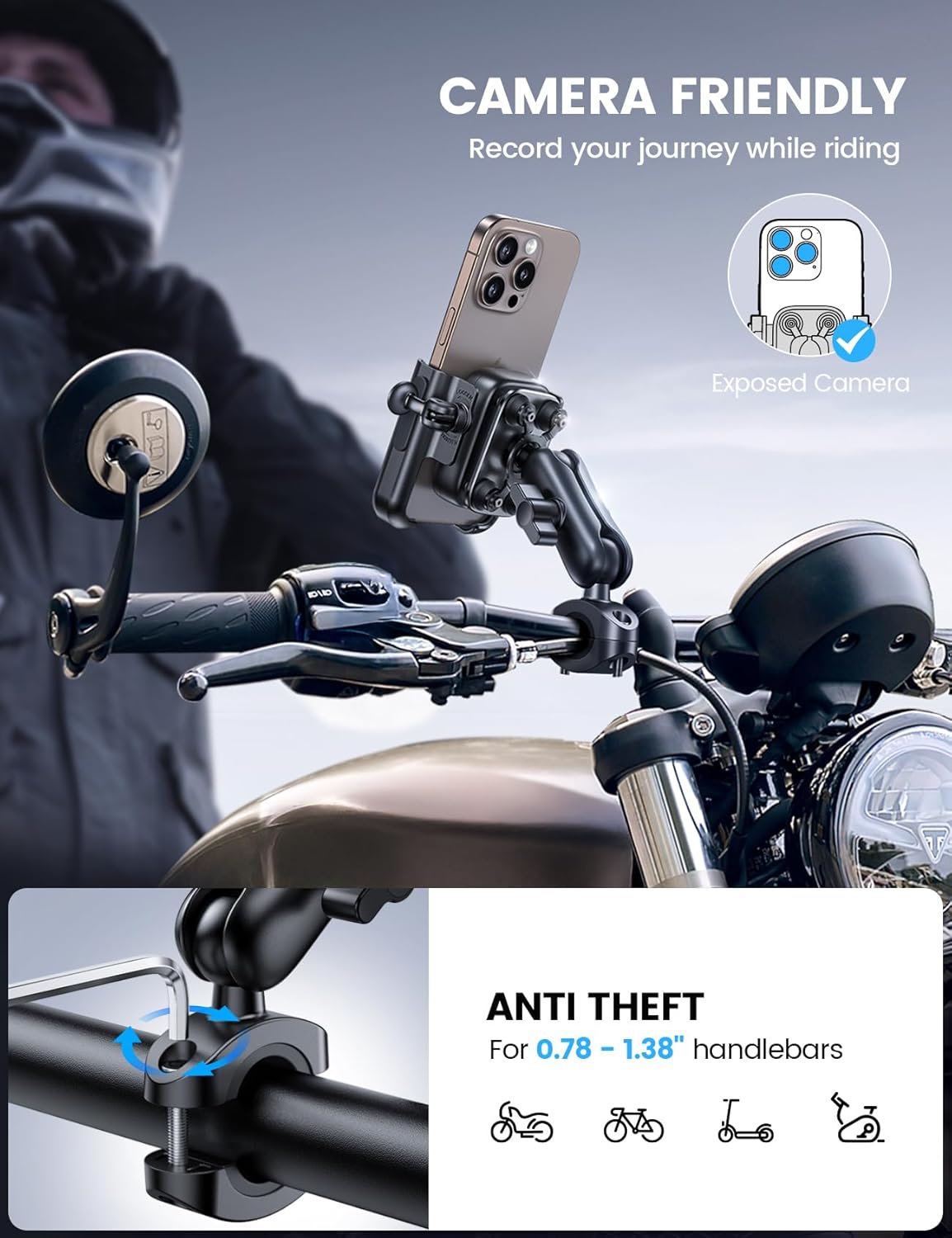Thumbnail 3 de Lamicall All-Metal Motorcycle Phone Mount Holder with Extendable Arm