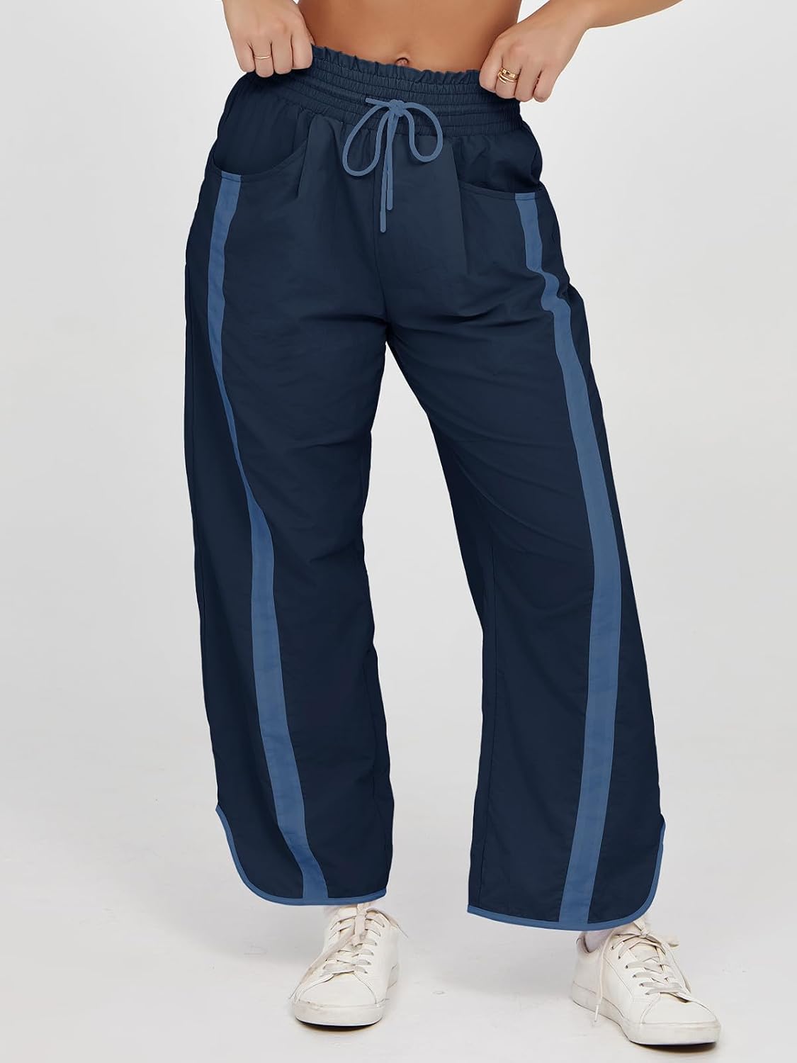 Thumbnail 6 de Fisoew Women's Baggy Wide Leg Pants – Casual Drawstring Elastic Waist, Contrast Color Track Pants