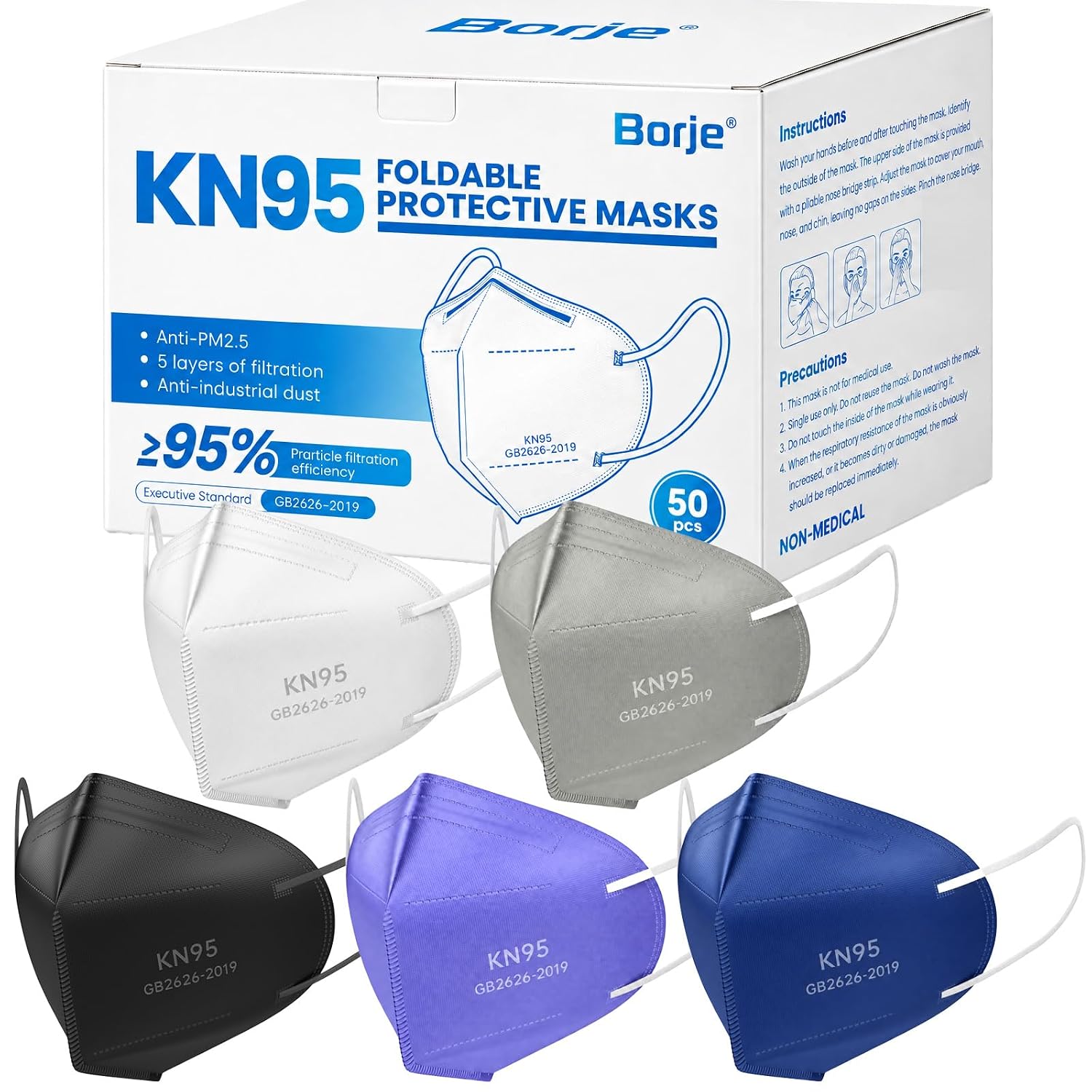 Detalle de Borje KN95 Face Masks, 50-Pack, 5-Layer Filtration, Multicolor