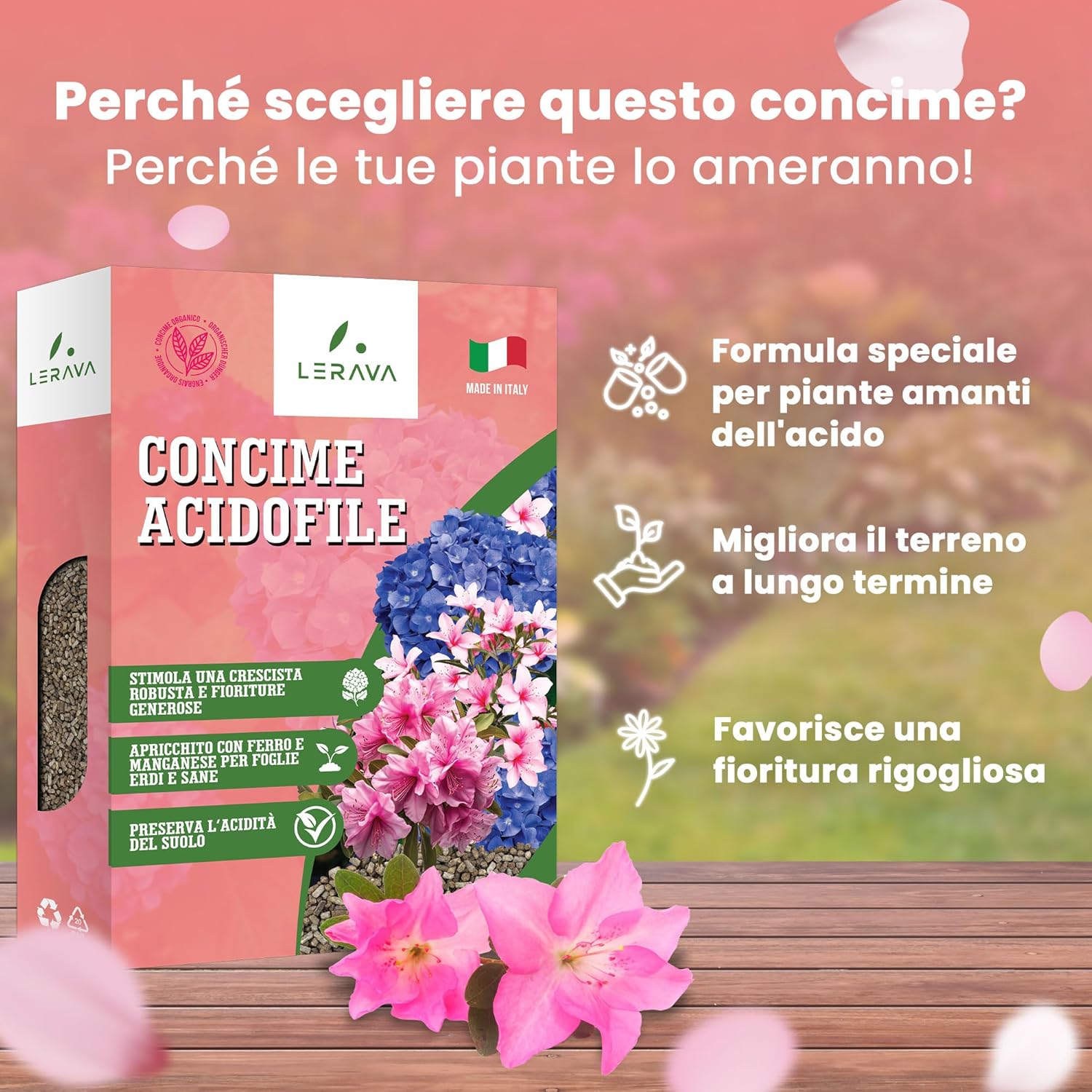 Detalle de LERAVA Concime Acidofile (4x800 g) – fertilizzante biologico per ortensie, rododendri, azalee, camelie, gardenie