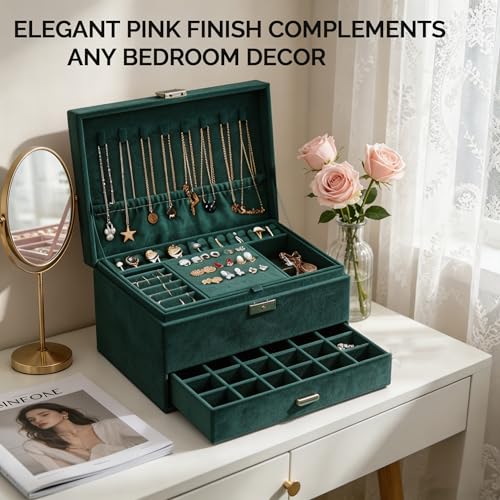 Detalle 2 de Lumcoyee Jewellery Organisers Box for Women & Girls, 3-Tier & 2 Drawers, Green