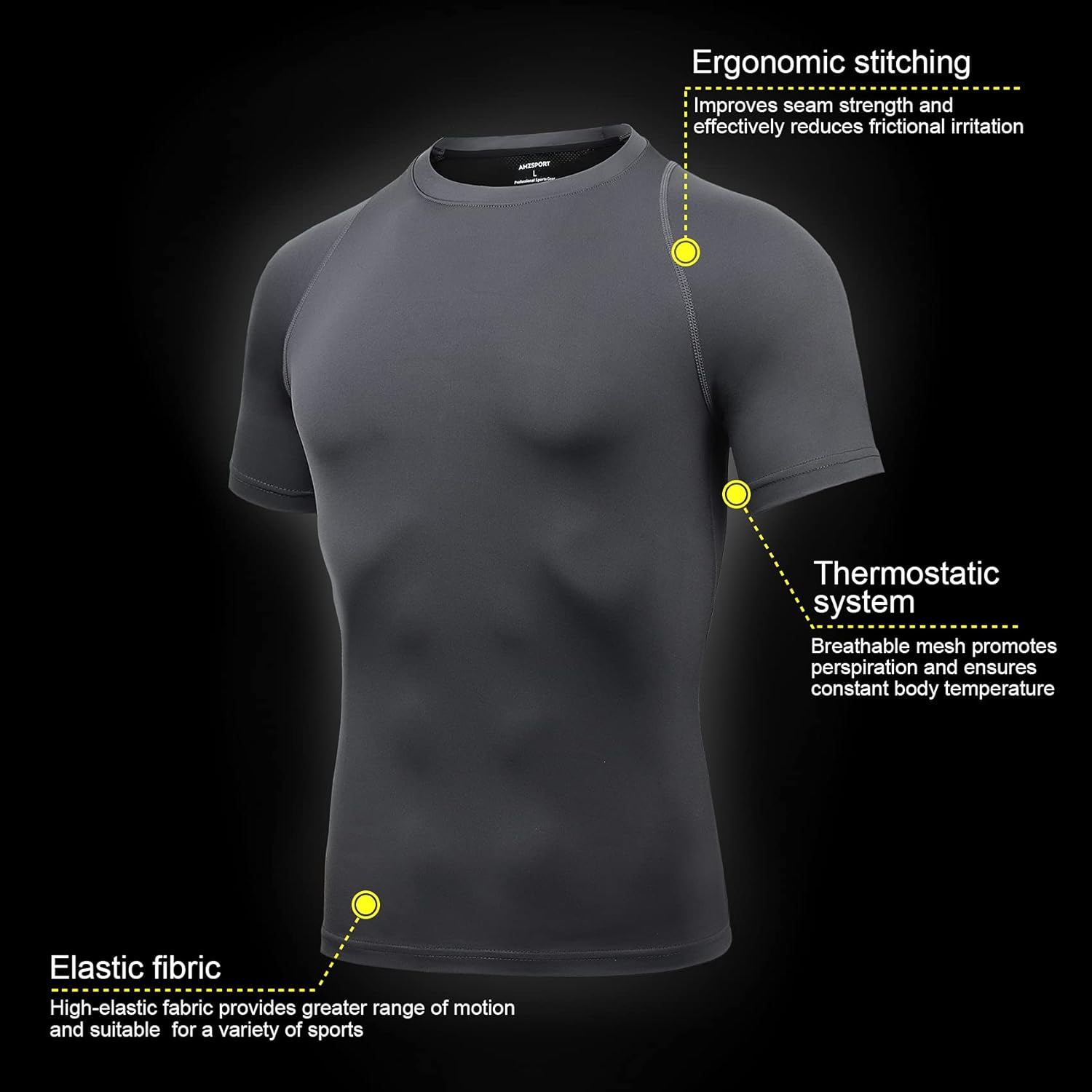 Thumbnail 2 de AMZSPORT Haut de compression pour homme – t-shirt de sport à manches courtes, couche de base respirante