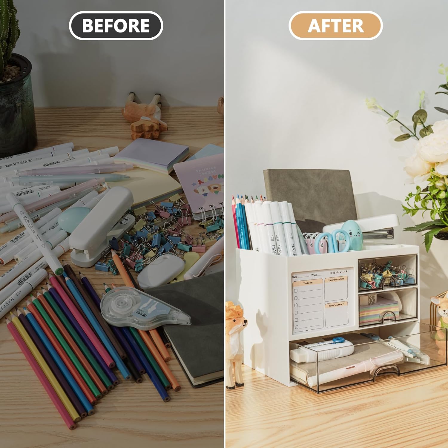 Thumbnail 2 de RISEMART Desk Organiser with 3 Drawers (White) – large desktop tidy for stationery, notes and personal items