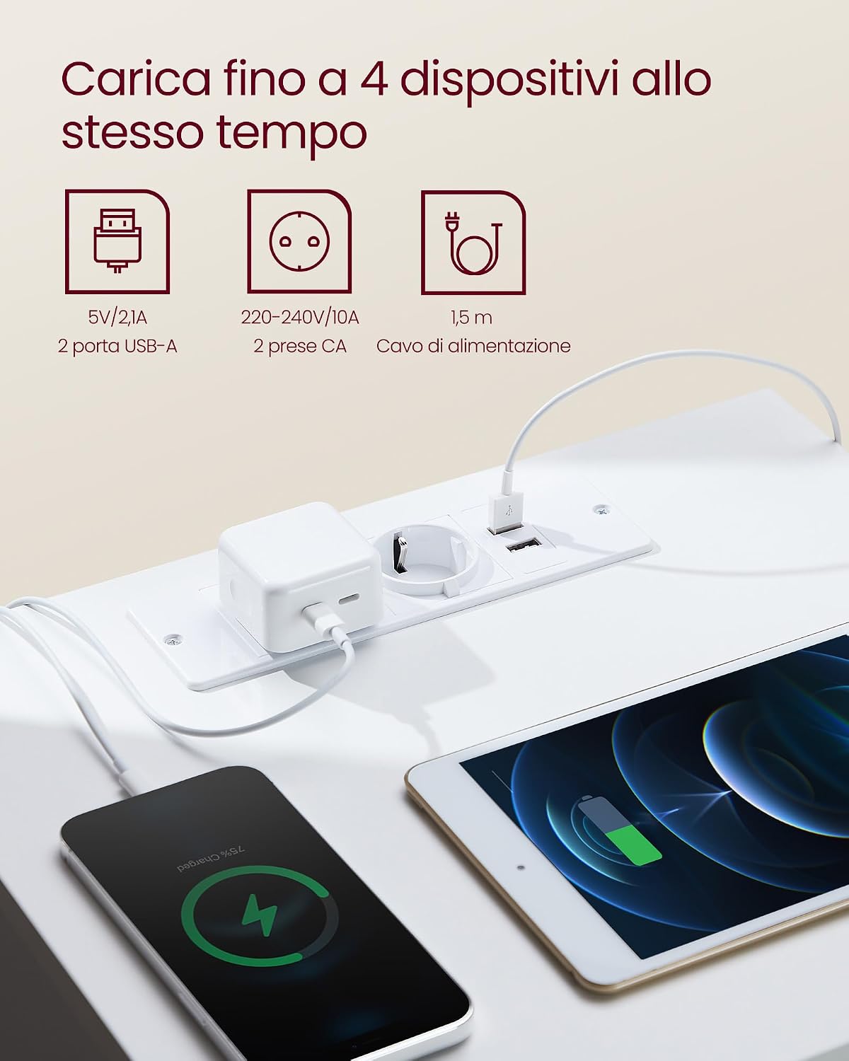 Detalle 2 de VASAGLE Kailyn Collezione - Comodini con Ciabatta Elettrica, Set di 2, bianco nuvola LET821W02