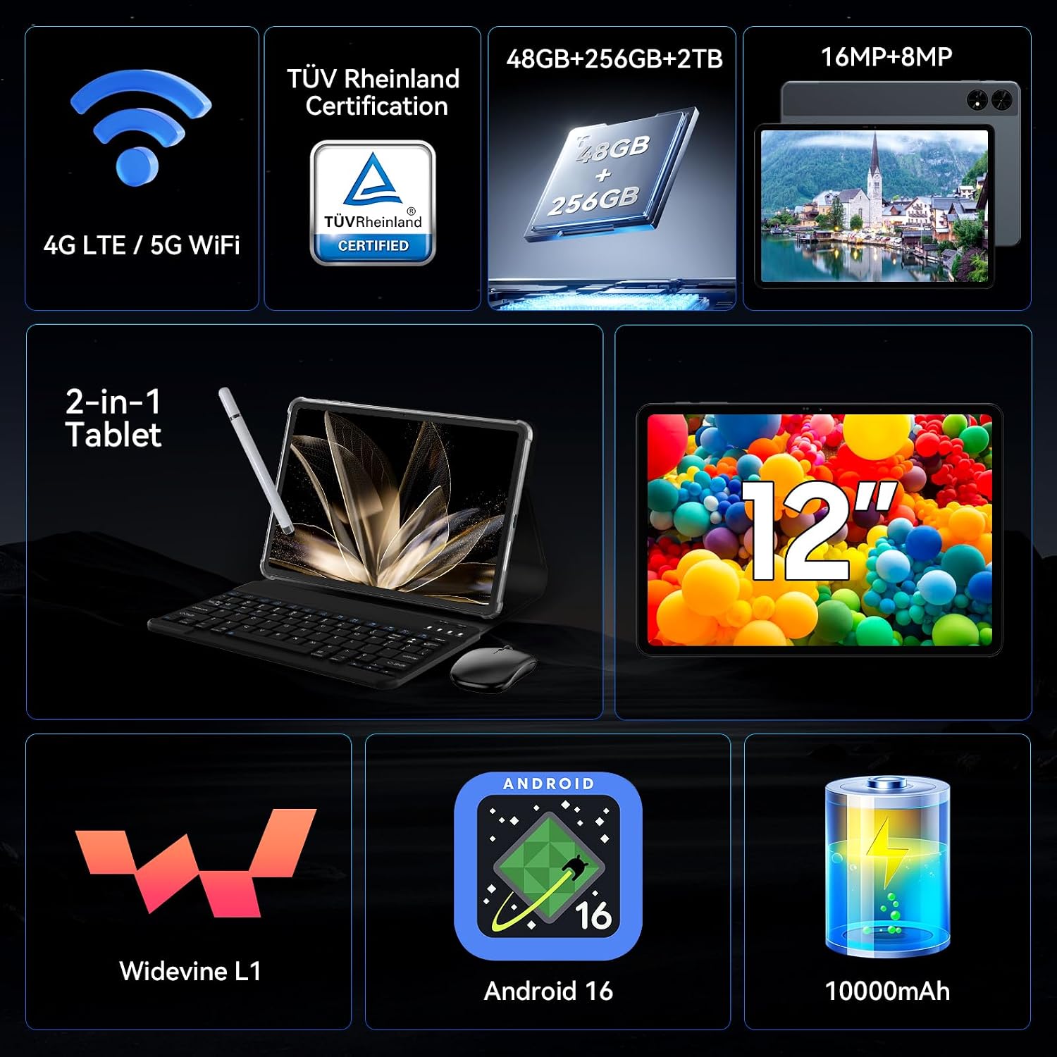 Thumbnail 1 de Latest Android 16 Tablet 12 Inch with Keyboard Work & Study Bundle: T60 (24GB RAM, 256GB ROM)