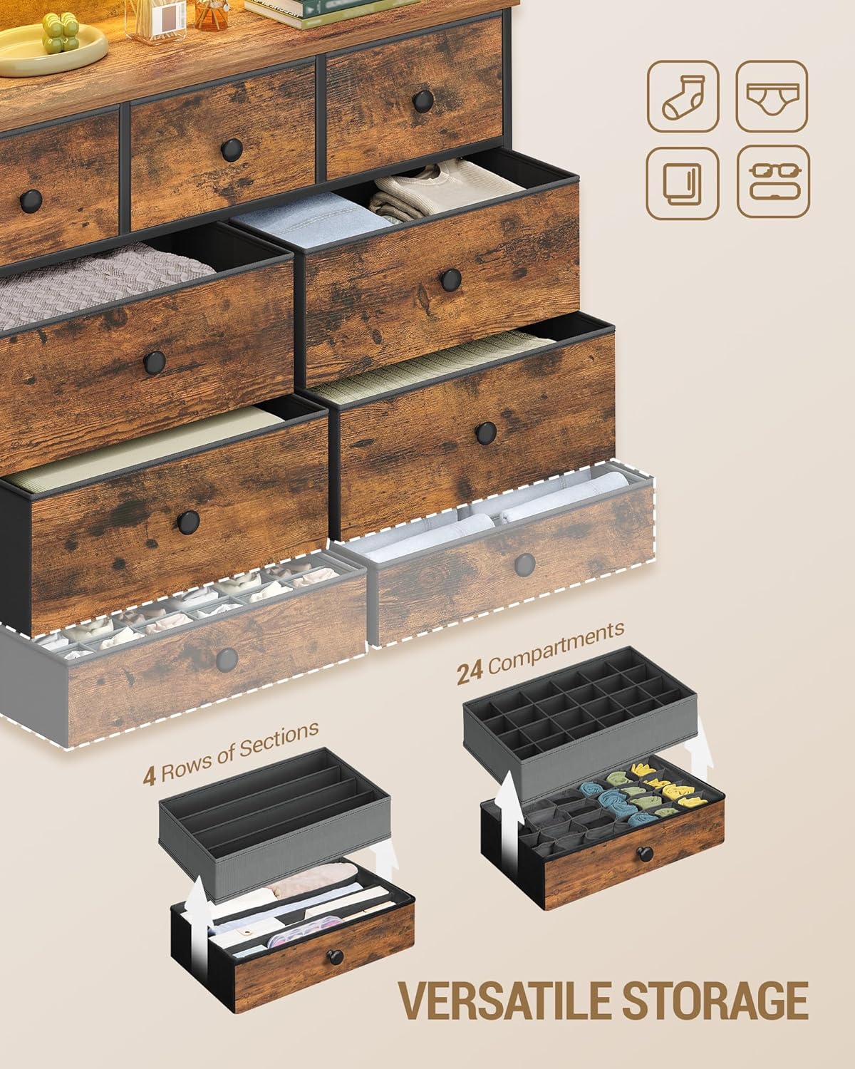 Detalle de Hzuaneri Commode 9 tiroirs avec bande lumineuse LED, 2 ports USB et 2 prises secteur (30 x 100 x 95 cm) Vintage DU02901BEU