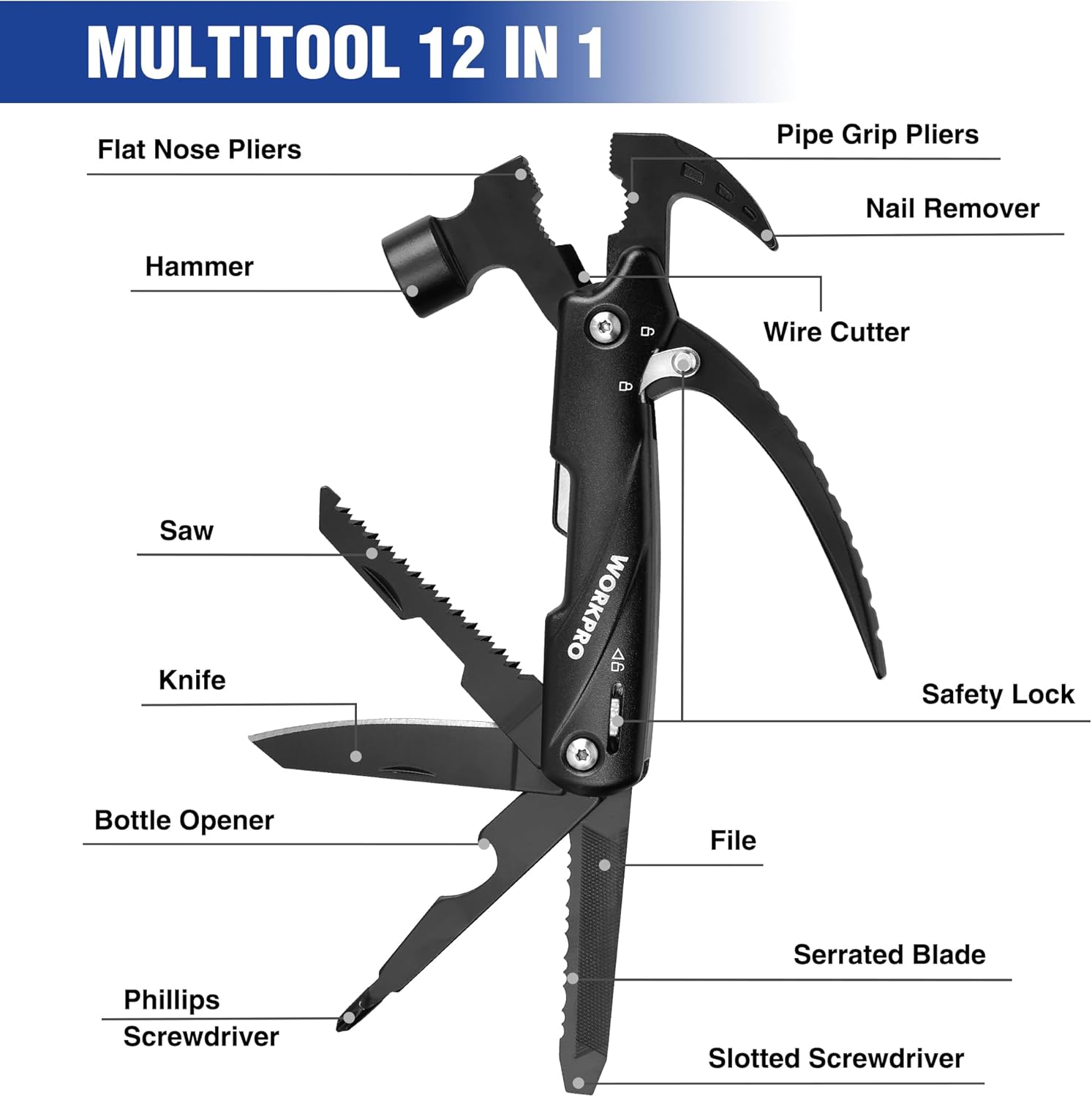 Detalle de WORKPRO Marteau multifonction 12 en 1 avec sac et verrouillage automatique